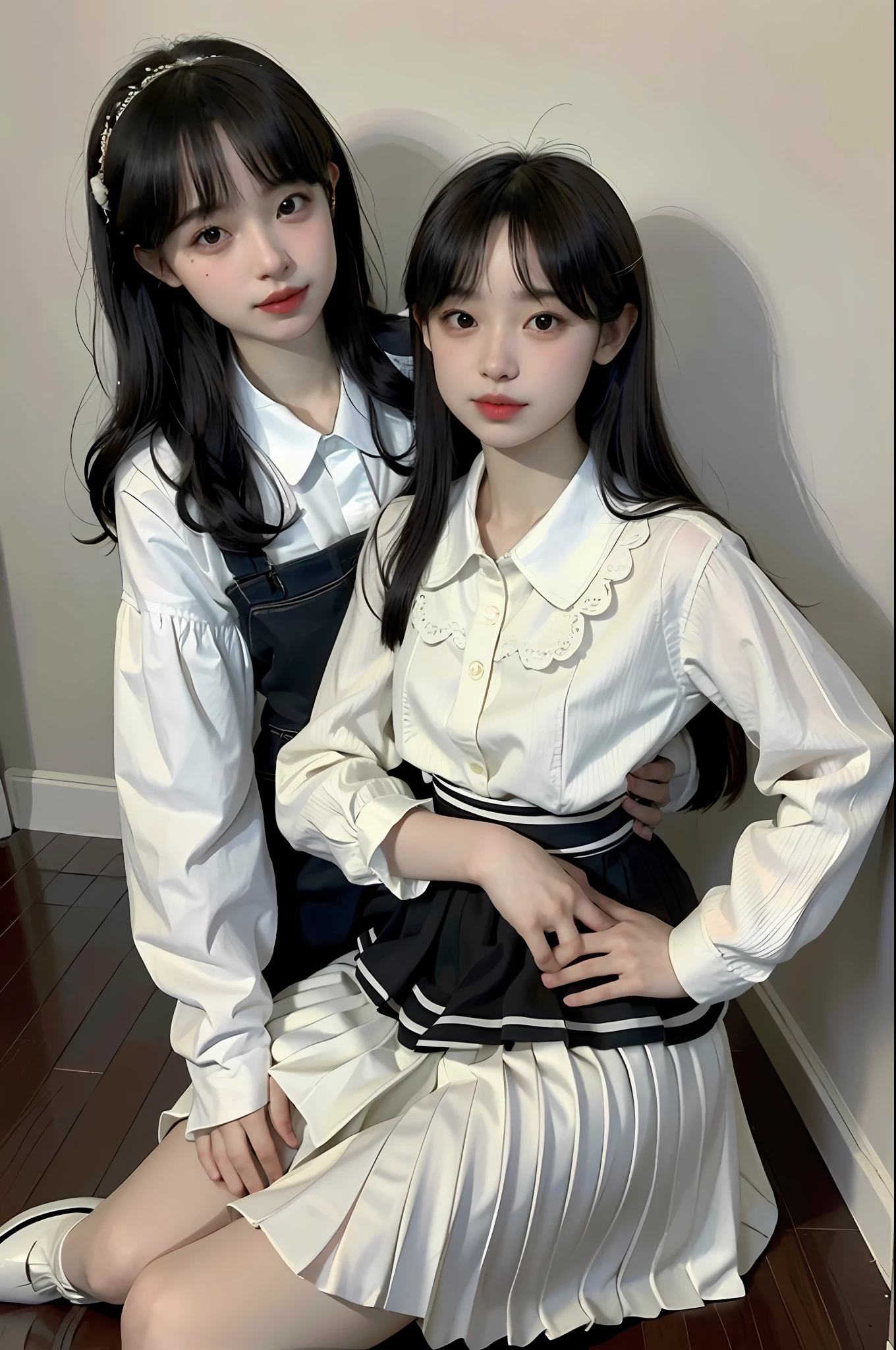 (8k, best quality, masterpiece: 1.2), (realistic, realistic, photorealistic: 1.37), two girls, hyper detail, beautiful detail eyes, beautiful detail nose, pleated skirt skirt black, upper body small vest, wide angle lens, photo, full body shot