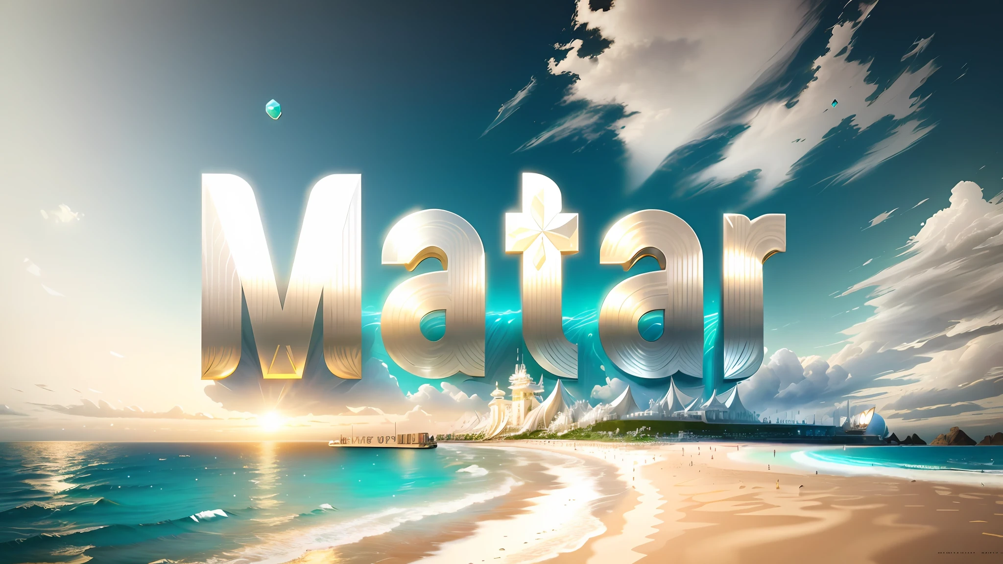 there is text masterpiece on colossal stage mid sea , made of metalic gems masterpiece, ultra detailed,ivory style, hyper-realism, award winning,best quality, photo composition, vibrant colors, fantastic background, 4k, full frame, detailed Glass texture, background with beach, wonderful reflections --v 6
