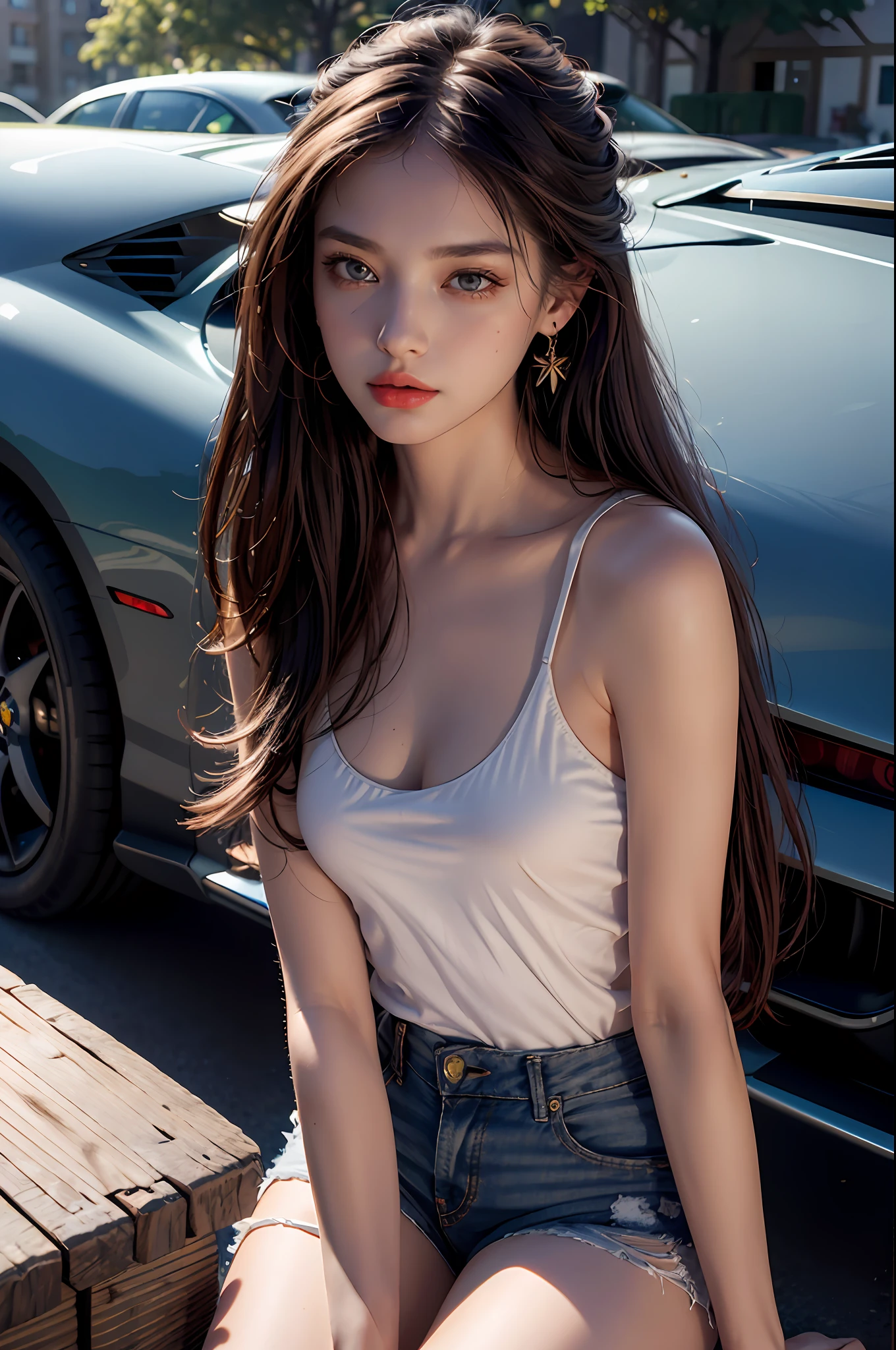Best quality, masterpiece, super high resolution, (realistic: 1.4), original photo, (evening street), 1 girl, dark eyes, looking at the audience, long hair, light makeup, lips, small ears, white t-shirt, denim shorts, earrings, sitting on Ferrari,big breasts, slim