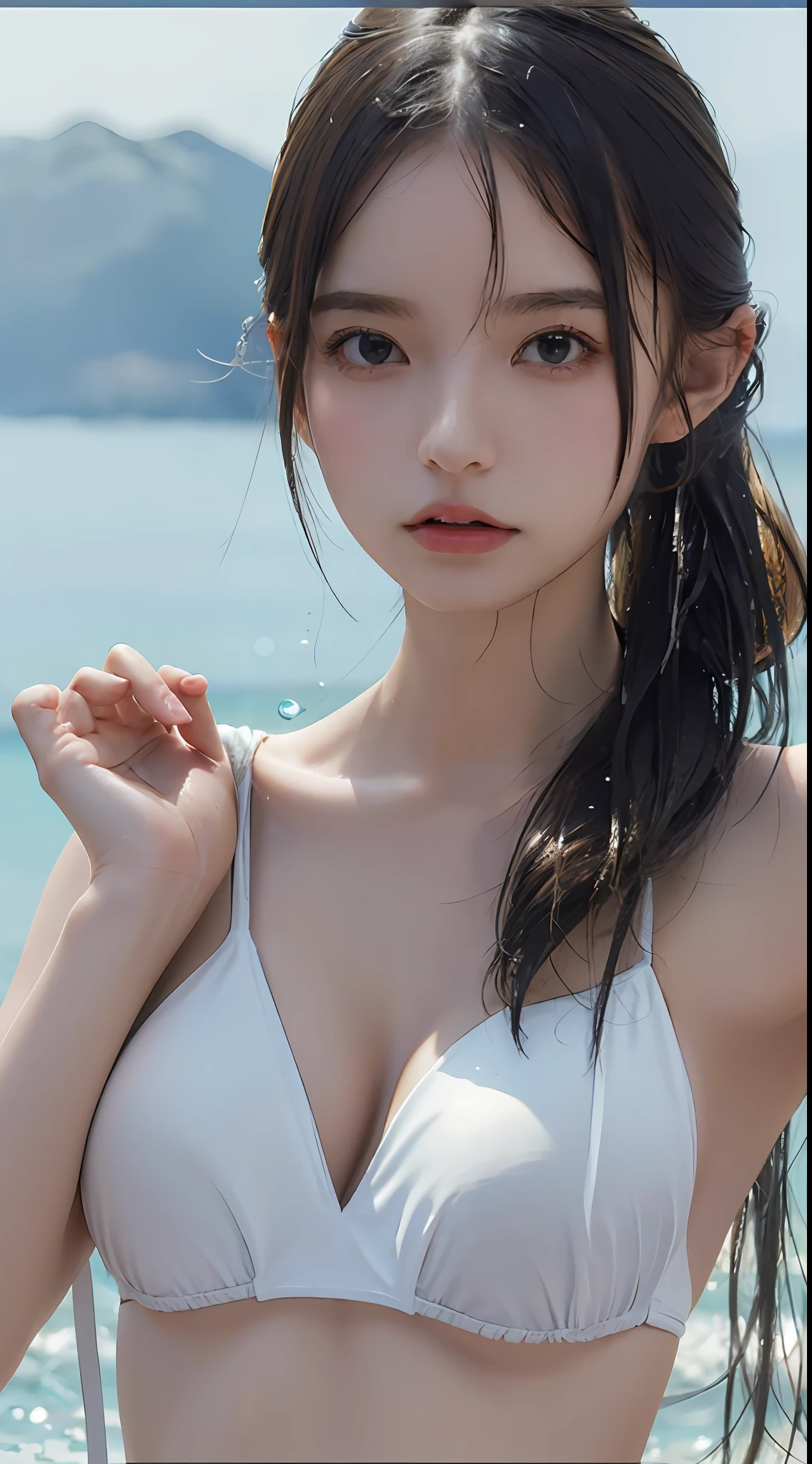 ((Top Quality, 8k, Masterpiece: 1.3)), 1 girl, Beautiful girl with accentuated slender abs: 1.3, (Random hairstyle, huge breasts: 1.2), Wet clothes: 1.2, Ultra detailed face, detailed eyes, double eyelids, black bikini