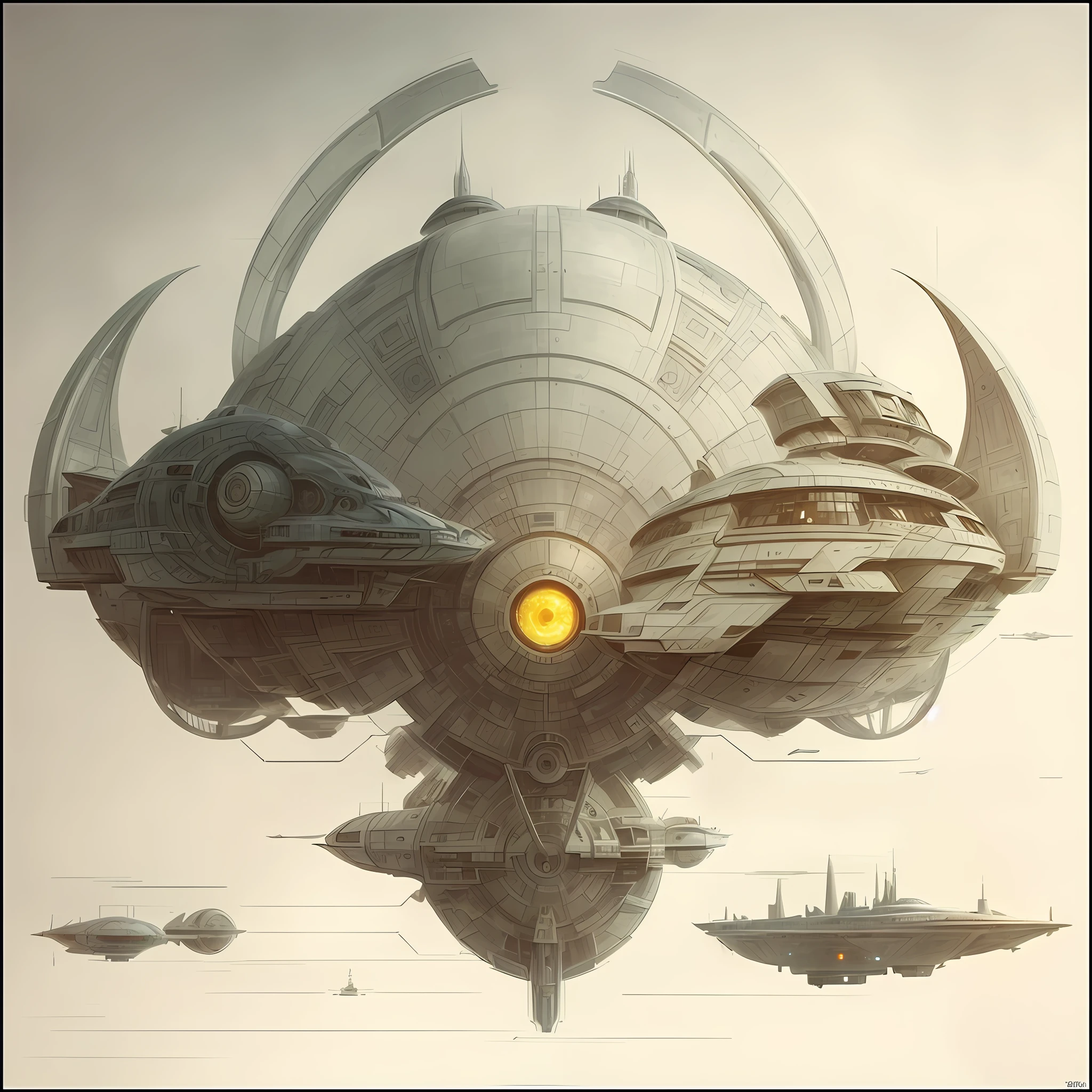 there is a drawing of a futuristic spaceship with a large structure, detailed futuristic architecture, industrial humanity spaceship, andrei riabovitchev symmetrical, symmetric concept art, futuristic spaceship, neofuturistic highly detailed, by Ludwik Konarzewski Jr, intricate futurism, concept art futuristic norse, spaceship concept art, painting of ornate space ship, concept art design illustration weapon system showing, smaller ships near by to show size diffrence, human silhouette near to show ships scale,