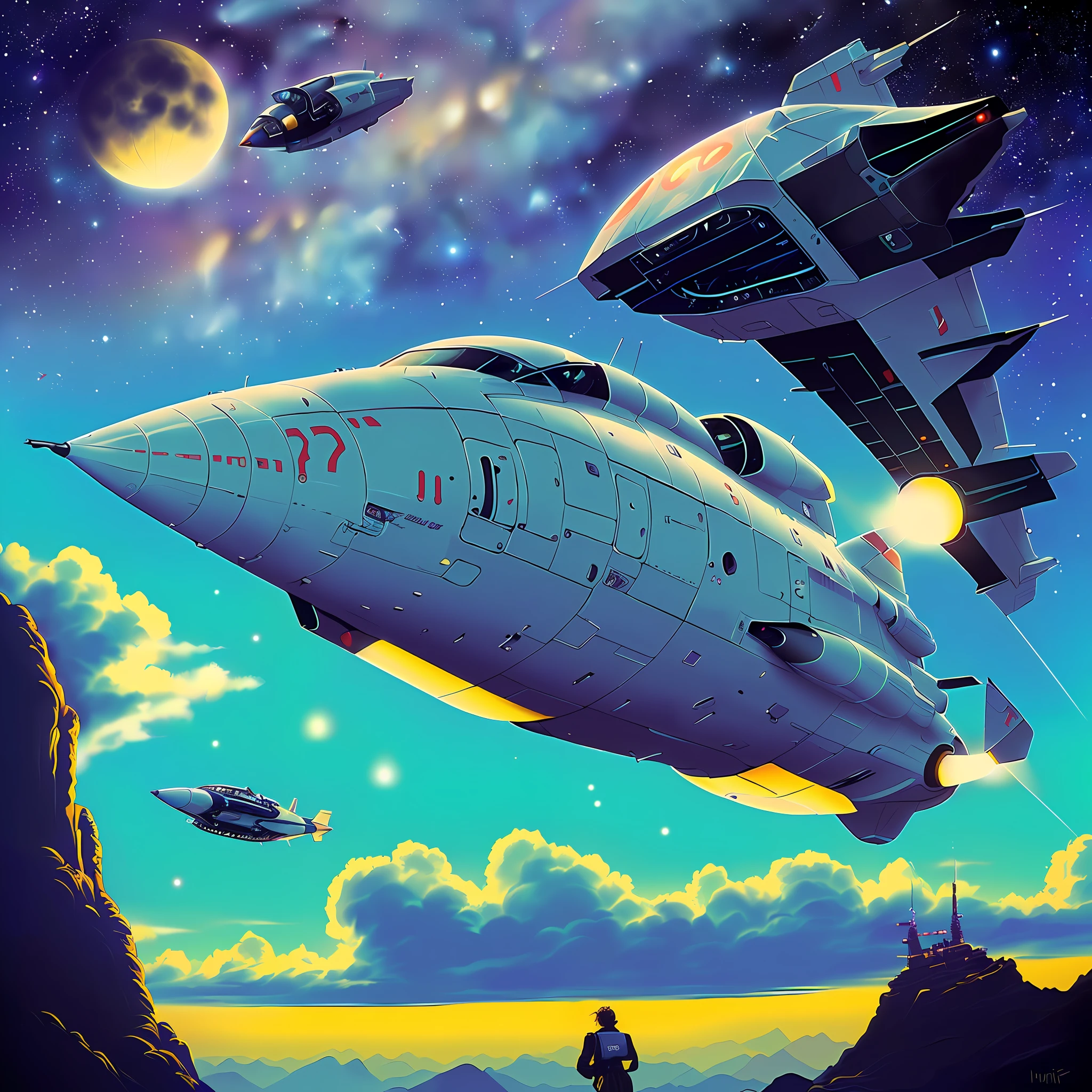 (Cinematic anime screencap, limited palette, :1.3) of (Ultra detailed: 1.3), (best quality, masterpiece, highly detailed, ultra-detailed, (Photo style: 1.2) of a (futuristic military spaceship: 1.3) , (80s style: 1.2), 1980, (retro: 1.2), dramatic, spaceship, elegant design, ((symmetrical)), white hull, flying over a landscape, engine exhaust, detailed hull, 8k, intricately detailed, volumetric lighting,  deep shadows, photorealistic, no humans, vehicle focus, unreal engin 5,octane render,(2D:1.2), limited flat color palette,, digital painting, artstation, concept art, smooth, sharp focus,, (oil painting: 1.16),(acrylic paint:1.16),, by (nvinkpunk:1.0),(kuvshinov:1.0),(dreamlikeart:1.0),(samdoesart:1.0),(modelshoot style:1.0),studio ghibli,Shinkai Makoto,(__Hyperrealism:1.3),(__Photorealism:1.3),(color:1.3), ((retrofuturism)),(science fiction),dystopian art,ultrafine,detailed, technology of the future, by Clarence Holbrook CArter, by Ed Emshwiller, CGSociety,