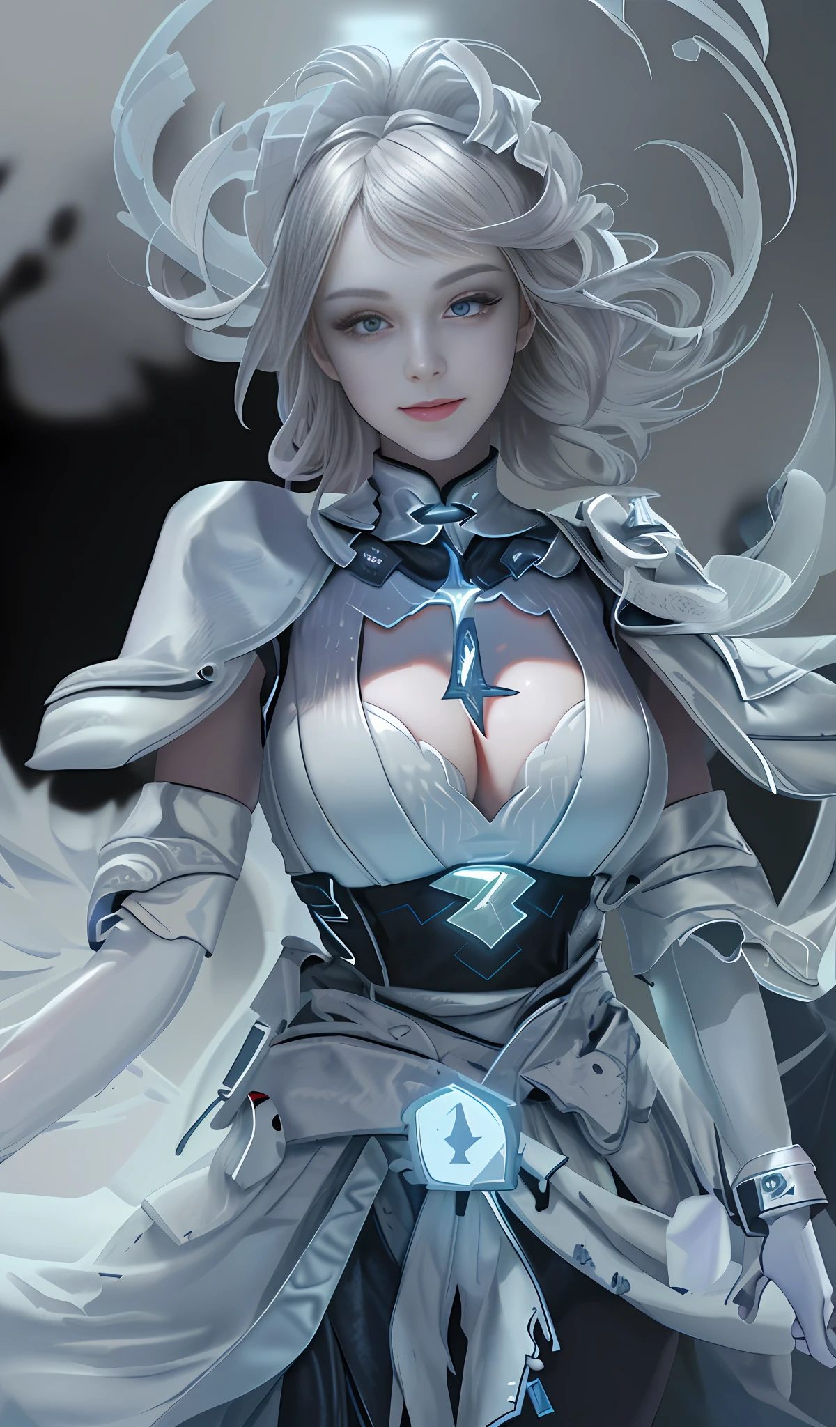 (8k, best quality, masterpiece: 1.2), (realistic, photorealistic: 1.4), (RAW photo), octane rendering, complex 3D rendering of a beautiful silhouette woman hyper detail, studio soft light, edge light, vibrant detail, hyper detail, realistic skin texture, detail face, silver hair, beautiful detail eyes, close-up photography, Fujifilm, depth of field, absurd, extremely detailed CG Unity 8k wallpaper, makeup, black lightning, (smile: 1.3), Add details to make the picture clearer, close to reality, large breasts, cleavage, hand details