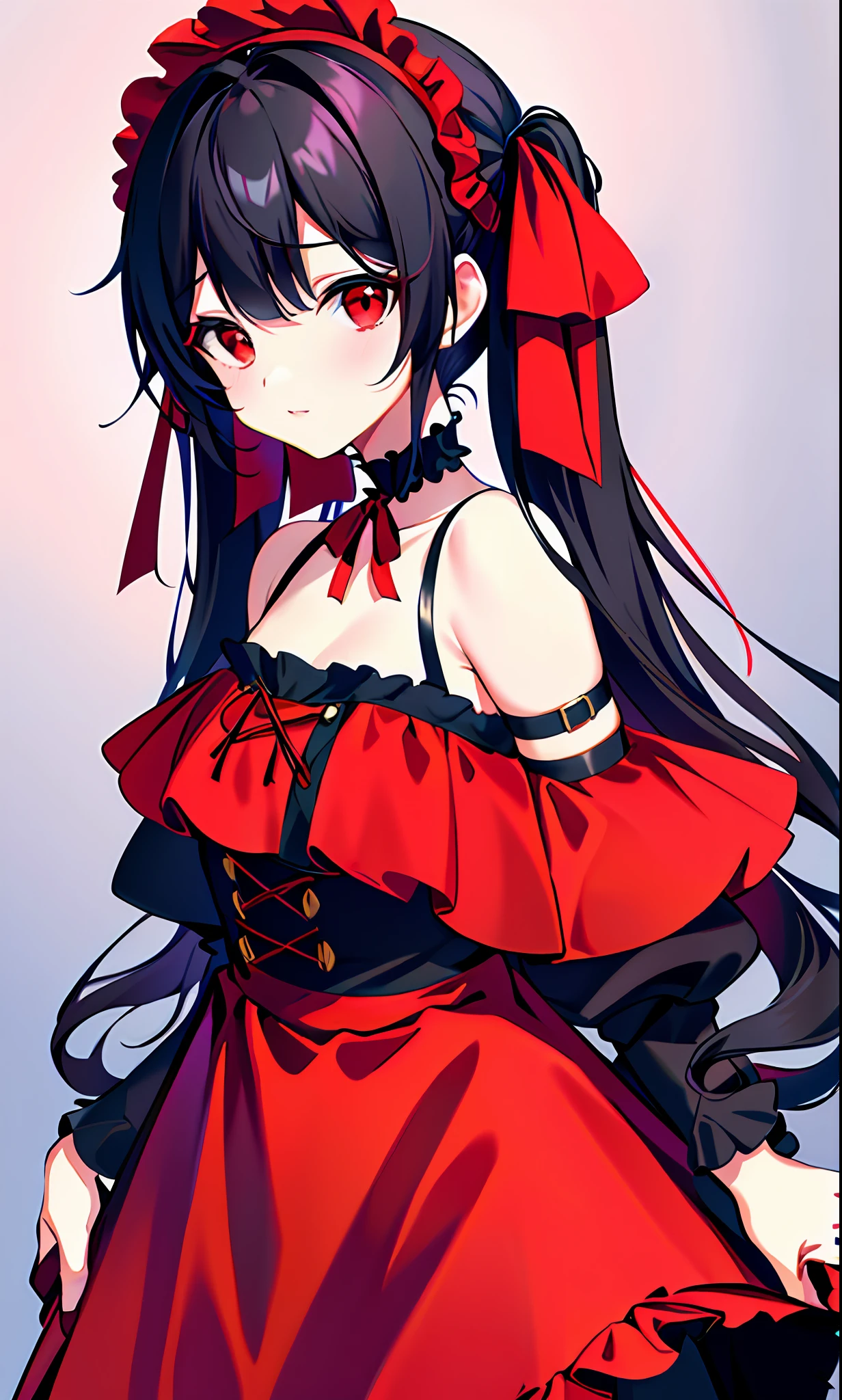 Background Plain, (Masterpiece))), (((Best Quality))), (((Very Detailed))), Detailed Fingers, Illustration, 1 Girl, Solo, Black Hair Twin Tails, Red Eyes, Black Choker with Red Ribbon, Wide Open Chest, Cleavage, Red Sleeveless Goth Loli Costume with Black Ruffles, Black Sleeves with Red Ruffles Revealing Shoulders, Red Skirt with Black Ruffles, Red headdress with black pattern, Kyozo Tokizaki,