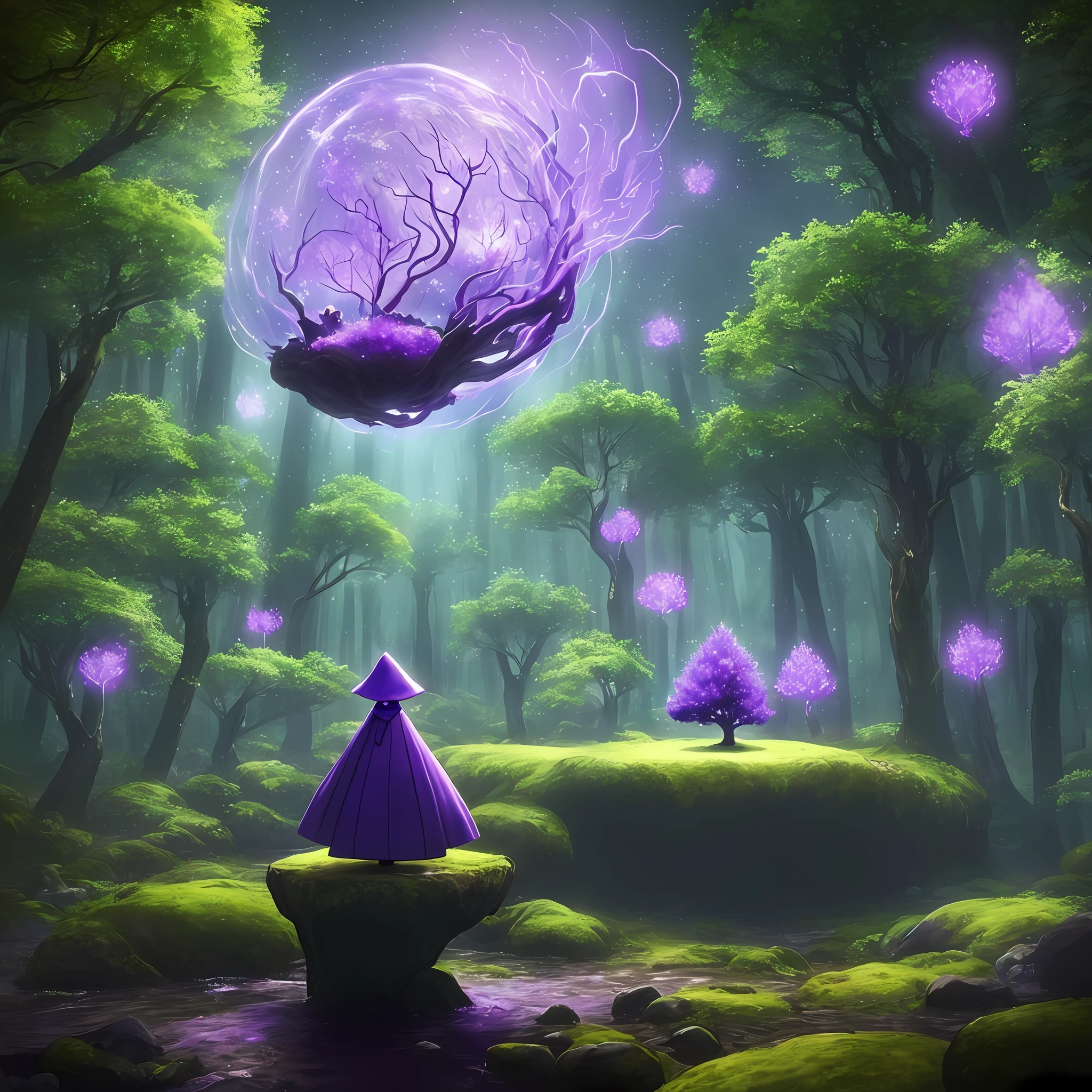 A magical potato floating in the forest surrounded by a purple glow. The forest has a pitch black sky and the trees each have a different color for their leaves. A wizard is floating behind the potato enchanting it. Masterpiece, realistic, game-style forest.