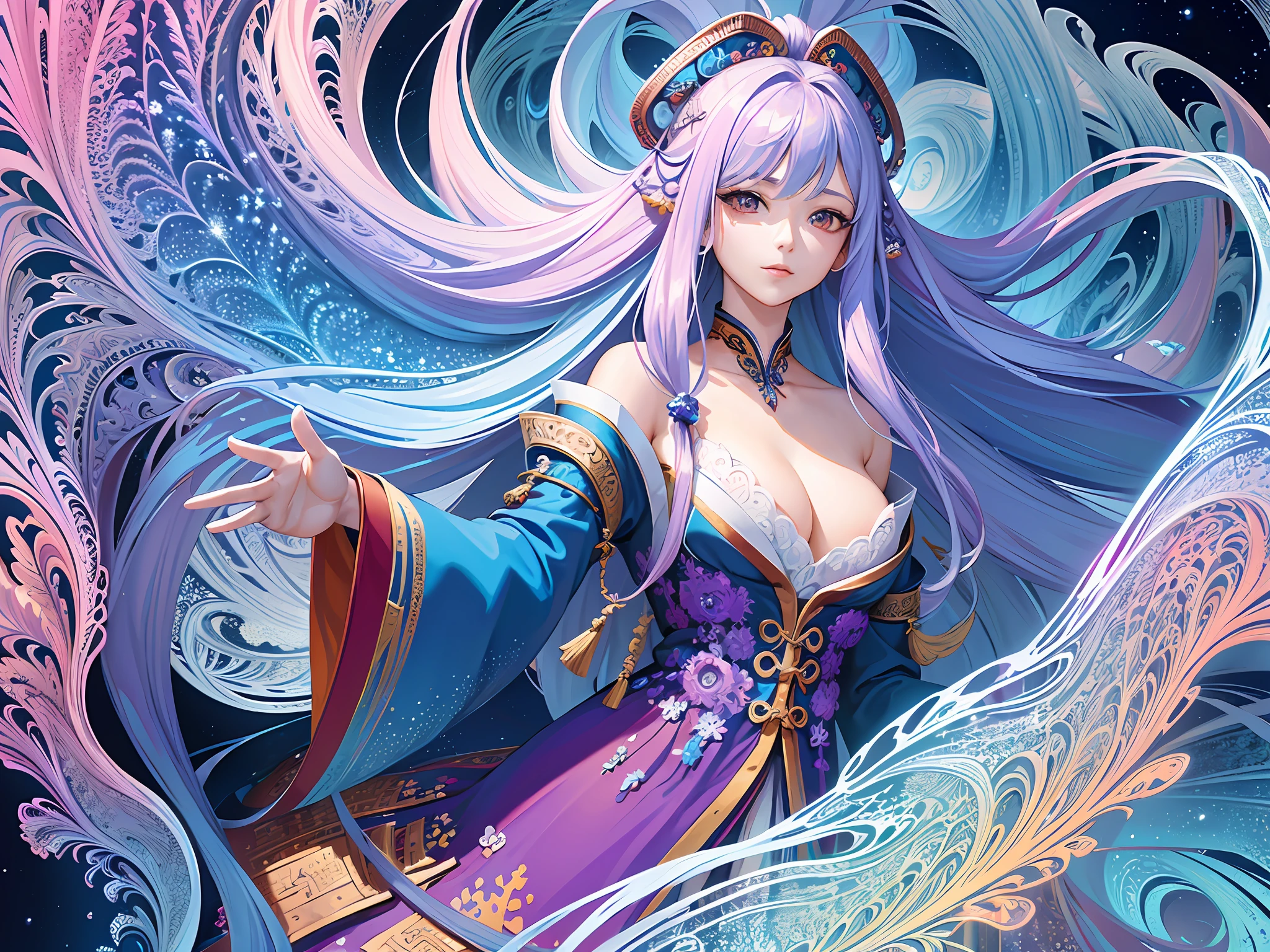 (masterpiece, top quality, best quality, official art, beautiful and aesthetic:1.2), (1girl),extreme detailed,(fractal art:1.5),colorful,highest detailed,[blue Feather| Purple Feather]hair, very long hair,(Scattered), (flowing hair:1.5),Hair Background,hanfu,Bare shoulders,(collarbone:0.9),white dress, hanfu,tang style,