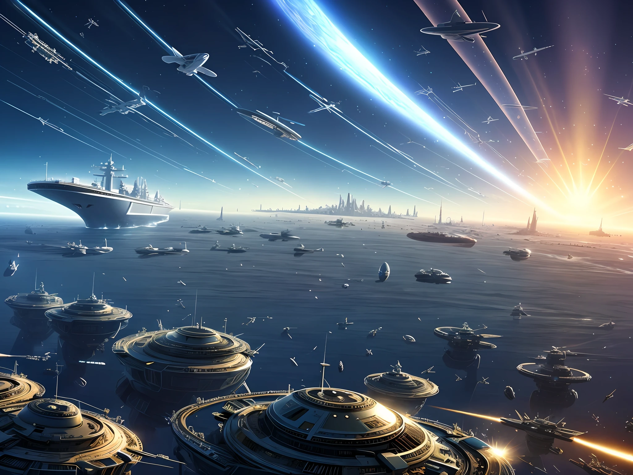 Alien invasion, clear sky full of spaceships disjointed, masterpiece, High details, realistic vivid colors, clear day clear view of the ships in the sky, and a gigantic background ship, high definition, cinematic