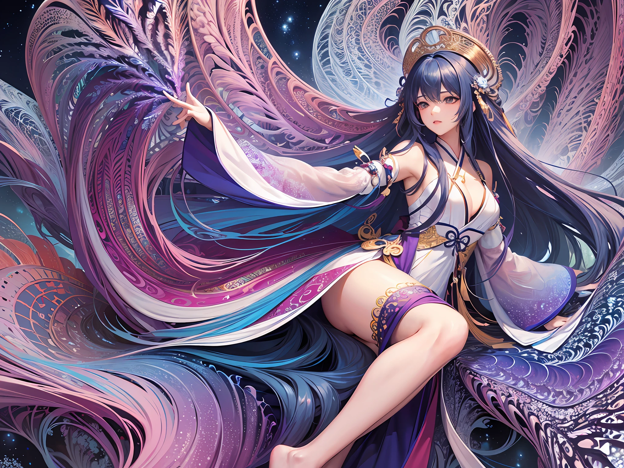 (masterpiece, top quality, best quality, official art, beautiful and aesthetic:1.2), (1girl),extreme detailed,(fractal art:1.5),colorful,highest detailed,[blue Feather| Purple Feather]hair, very long hair,(Scattered), (flowing hair:1.5),Hair Background,hanfu,Bare shoulders,(collarbone:0.9),white dress, hanfu,tang style,