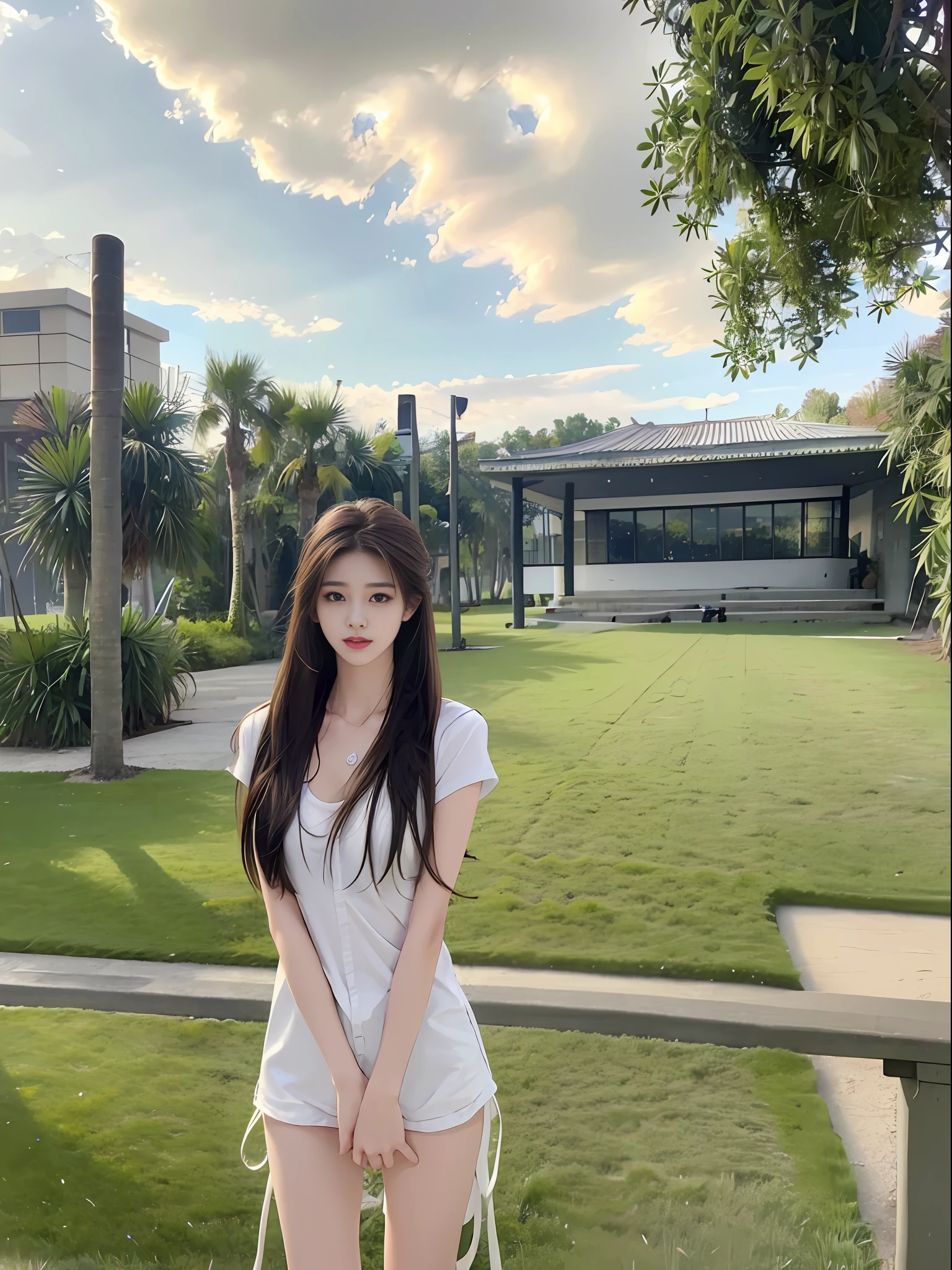 realistic, high resolution, 1 girl, long hair, korean,, loose white shirt, skinny denim shorts,, thighs, panties visible,