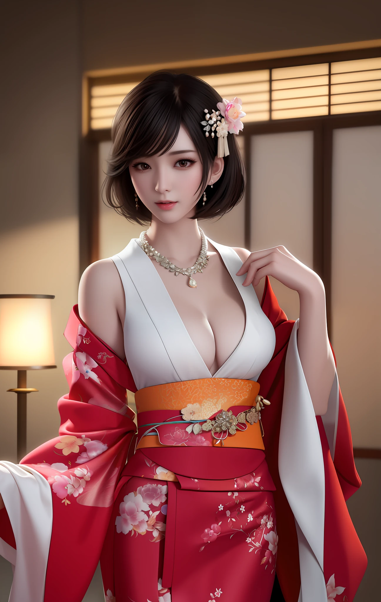 Best Quality, Masterpiece, High Resolution, 1 Japanese Girl, Kimono, Hair Accessories, Necklace, Jewelry, Beautiful Face, Physics, Tyndall Effect, Realistic, Dark Studio, Edge Lighting, Two-tone Lighting, (High Detail Skin: 1.2), 8K UHD, DSLR, Soft Light, High Quality, Volumetric Light, Voyeur, Photo, High Resolution, 4K, 8K, Bokeh Hiqcgbody, High Detail RAW Color Photo, Bodybuilding Physique, (Elegant and Beautiful Face), (Delicate Skin), (Oil :0.6), (tesla coil:0.4), soft light, (side lighting:0.8), shadow casting, deep focus, Photographed on a Leica 10772 MP, 85mm macro lens, F/8 aperture, film still, (Office Lady, sexy), short hair, (extremely face) (very detailed and expressive eyes), delicate small, exhibitionism, ((China_dress, short_kimono)), revealing clothes Clothes lifted, chests exposed, almost undressed