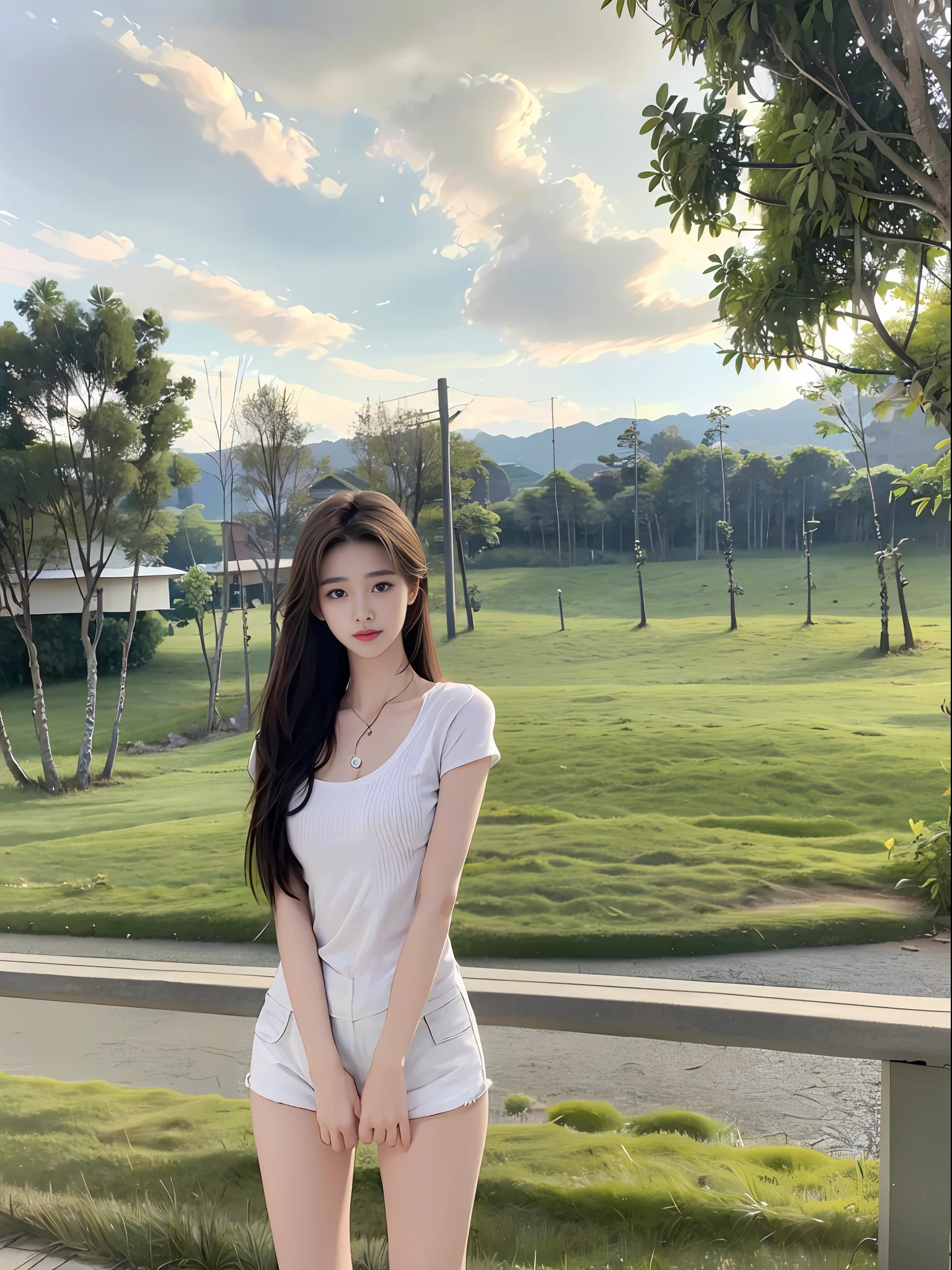 realistic, high resolution, 1 girl, long hair, korean,, loose white shirt, skinny denim shorts,, thighs, panties visible,