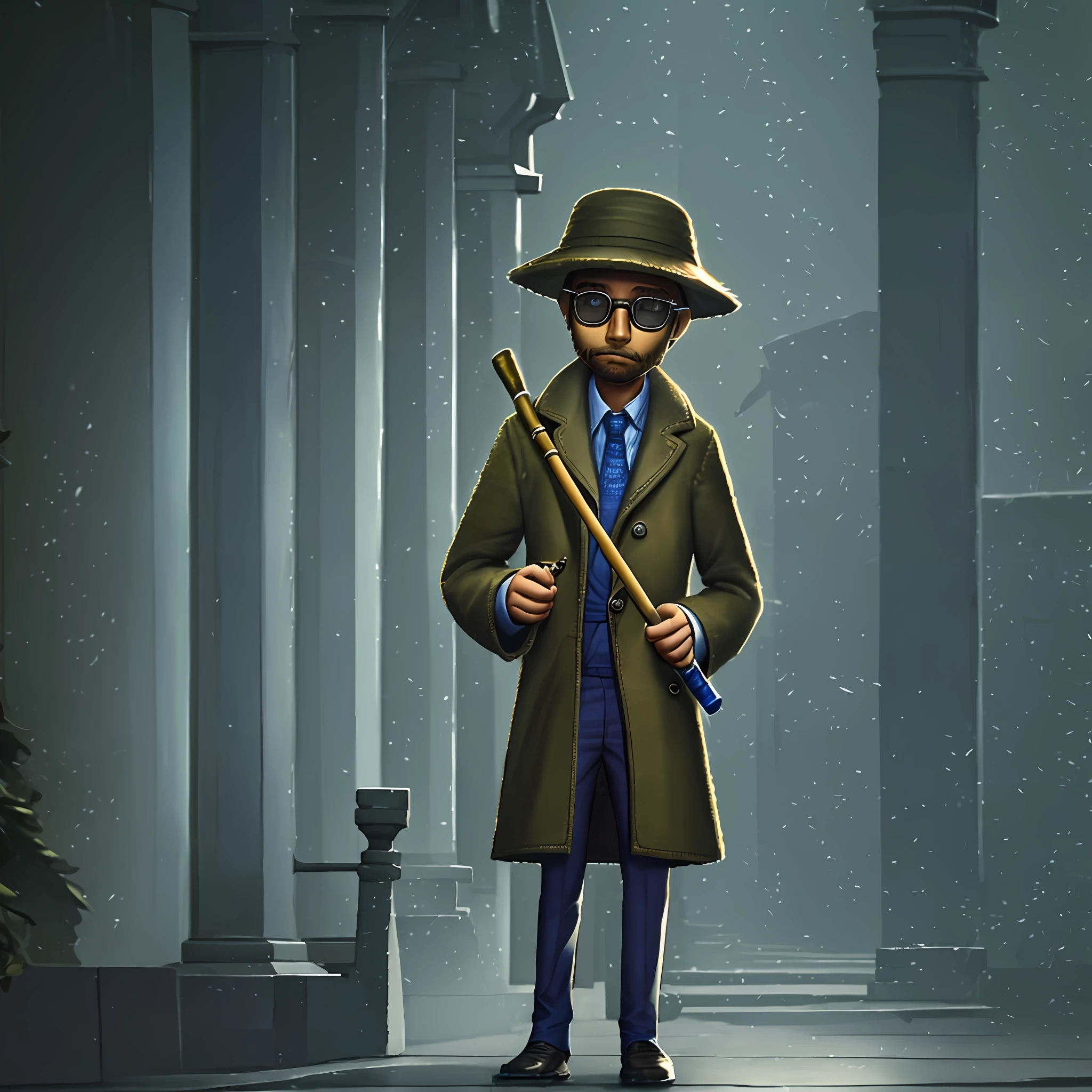 masterpiece, high quality, young boy, blue bucket hat, glasses, brown long coat, holding a long cane in hand, facing the front, looking at camera, full body, center of the screen