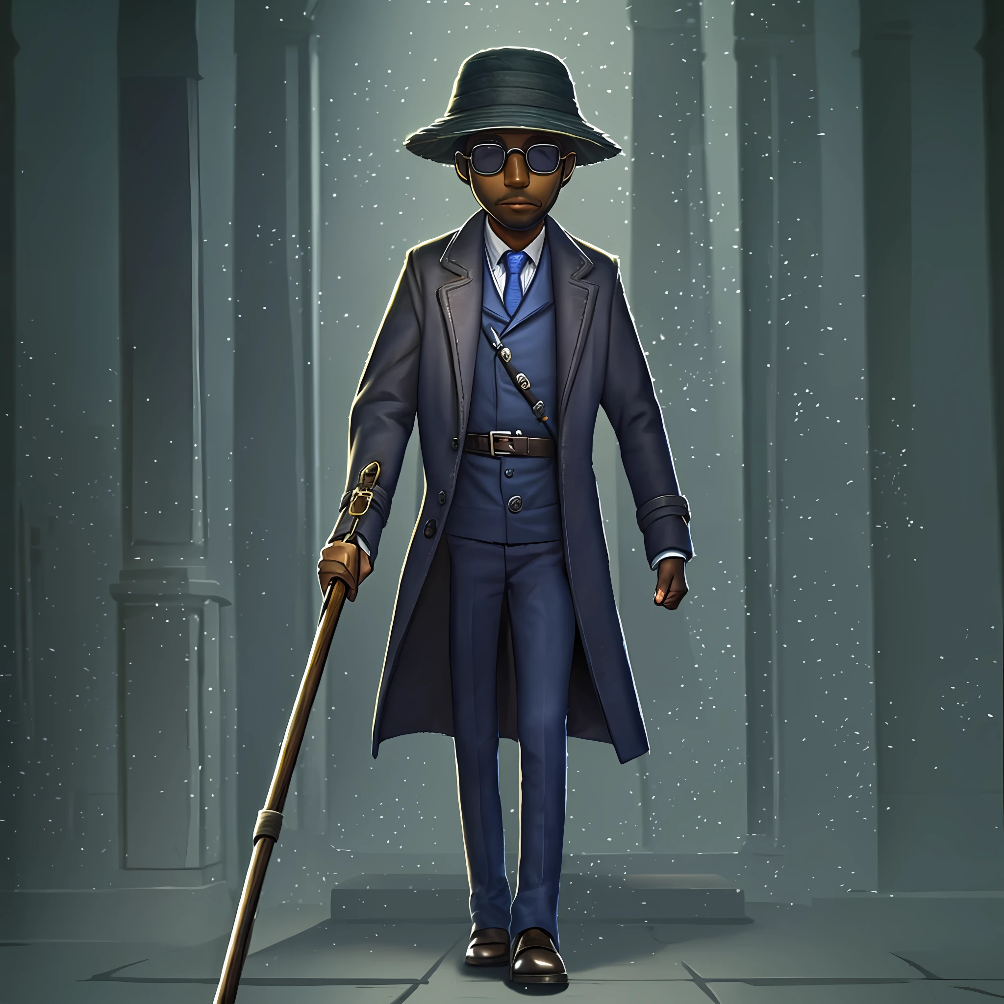 masterpiece, high quality, young boy, blue bucket hat, glasses, brown long coat, holding a long cane in hand, facing the front, looking at camera, full body, center of the screen