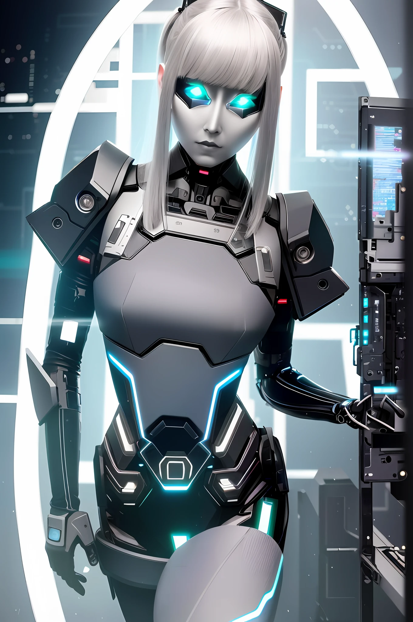 1girl, Robot Girl (solo), anime, ceramic mask, bionic eyes, kuroyu style, gray skin, facial implants, bionic armor, metal bones, steel and titanium leather, bionic face, mechanical joints, hard eye circle, extremely detailed full-body armor, jet engines, dark dynamic background, glowing eyes, cyberpunk style, glowing aura), dynamic pose, android girl, cyberpunk, computer glitch, holograms, hacking, absurd, in a hyper-detailed room full of computers and computer screens, (best quality), digital illustration of the cyber dead,