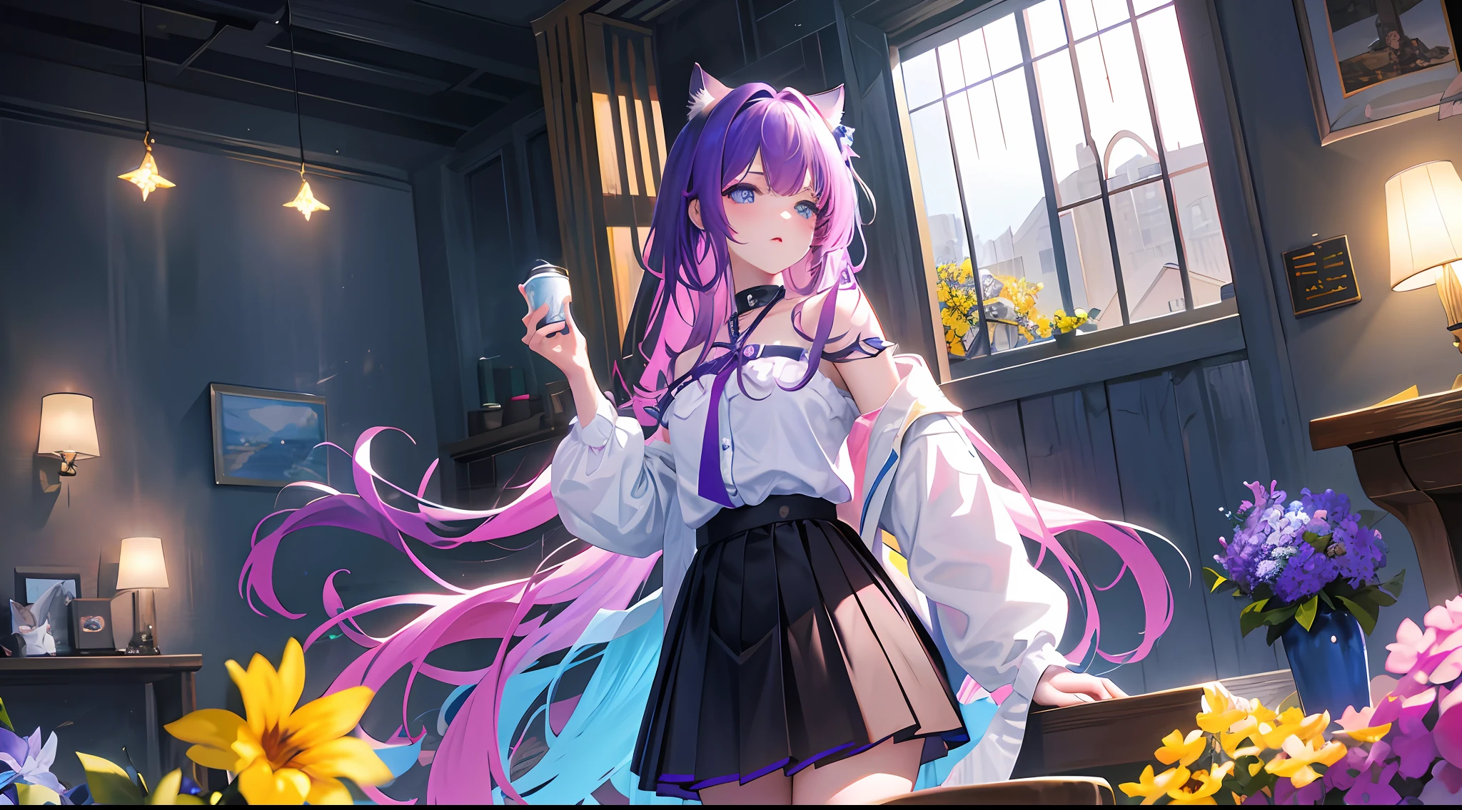 Beautiful girl, standing painting wall, cute room, several cans of paint, paint stains on face, bright earrings, violet hair, extremely long hair, hair ornaments, violet flowers, yellow flowers, blue flowers, cat ears, cute cat tail, shiny sneakers, sitting in a cute way, gray and red hood, thick leg, skirt, pink lips, shimmering blue eyes, hyper detailed scenery, (masterpiece), best quality, incredibly beautiful, sunlight coming in through the window, dynamic light, intense shadowsstar-shaped pupils, Surrealism, from below, overexposure, motion blur, cinematic lighting, depth of field, reflection light, god rays, 8k, super detail, UHD, masterpiece, super detail, high quality, best quality, highres, 1080P