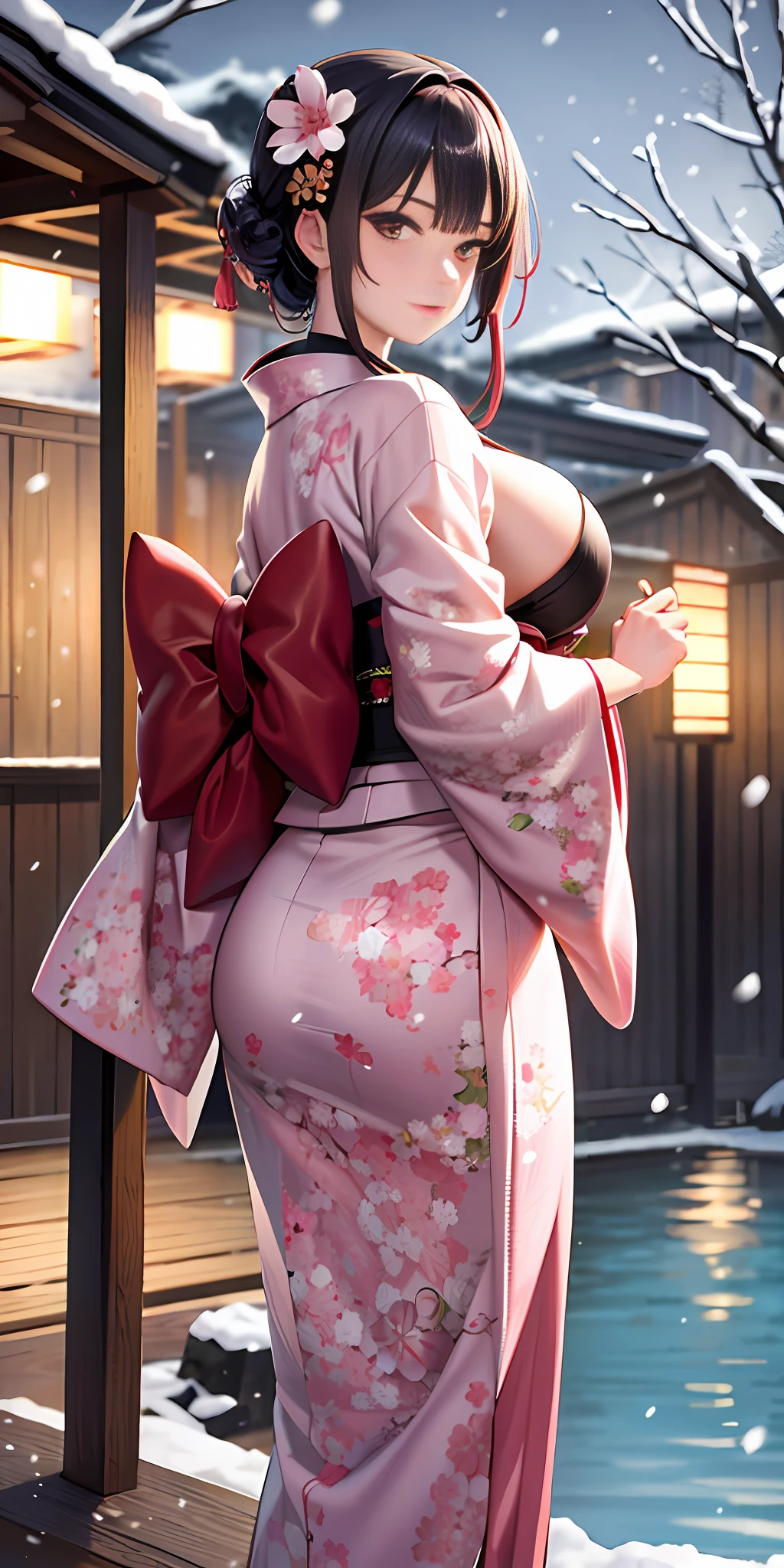ultra detailed 8k cg,kimono,perfect face,beautiful face,mature female,large breasts,outdoors,sakura,snowing,looking at viewer, onsen,