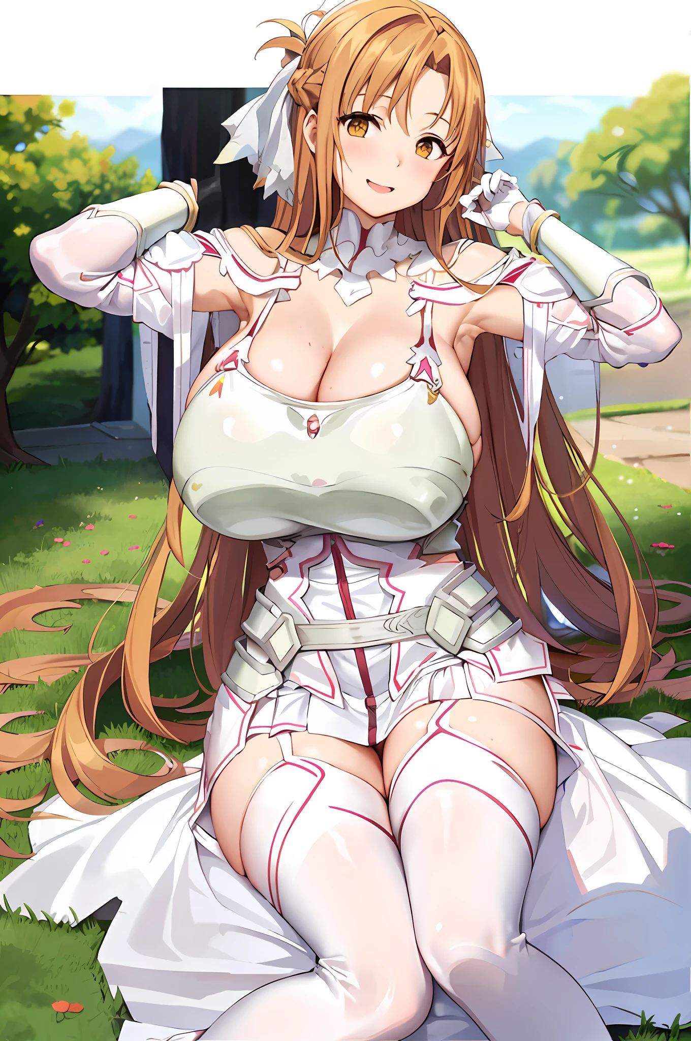 stacia, asuna, asuna_\(sao\), 1girl, (sexy pose:1.2), fantasy, highres, original, realistic, (excite), scenery, close_up, upper_body, (sit on a grass), smiling, solo, (potruding nipple:1.2), long hair, (huge breasts:1.9), looking at viewer, smile, open mouth, bangs ,detailed eyes, beautiful background, (forrest), hands on the chest, orange hair, (spread legs:1.3), thighhighs, gloves, dress, (cleavage:1.4), bare shoulders, brown eyes, very long hair, standing, (full body:1.5), white gloves, white dress, (open Breasts:1.5), armor, white thighhighs, garter straps, breeze, white armor, abec