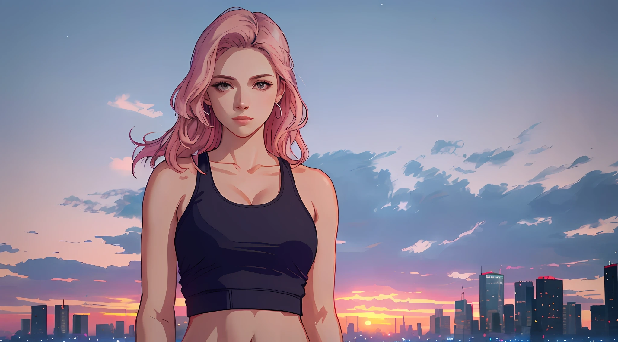 Woman upper body shot, detailed face, tank top, crop top, calm, night, background city, skyscrapers,  high quality, masterpiece, art, vaporwave, vibe, pink, pastels, absurd, sunset, moonlight