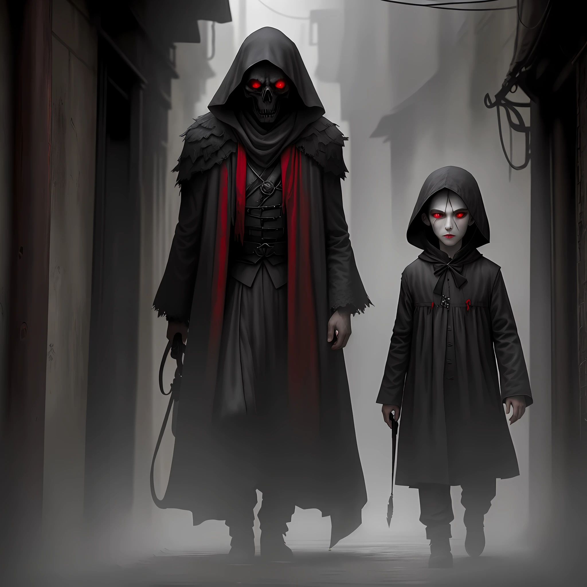 (Red eyes) come out of a (mist) (mysterious). A dark alley seems to call to me. Come walking my boy, death after all is not as ugly as they say. Realistic, terror, curse.