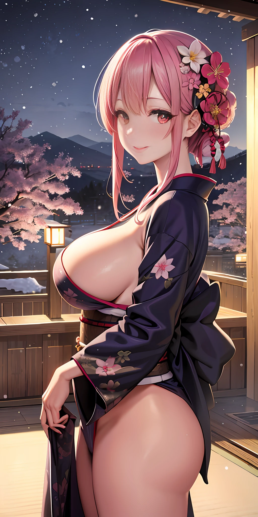 ultra detailed 8k cg,kimono,perfect face,beautiful face,mature female,large breasts,outdoors,sakura,snowing,looking at viewer, onsen,