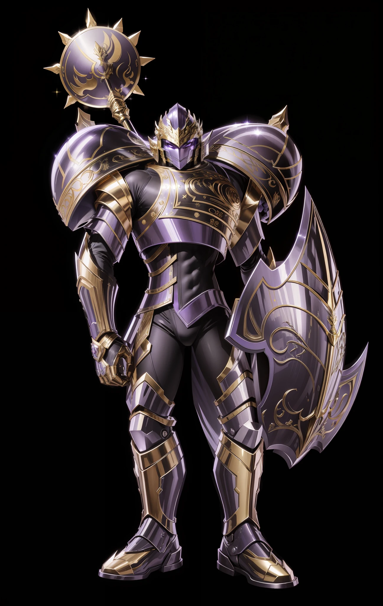 A giant wearing purple armor, golden gorgeous armor, strong metallic luster texture, helmet, left hand shield, carrying weapon behind his back, full body, lighting, black background, perfect fingers, Saint Seiya style