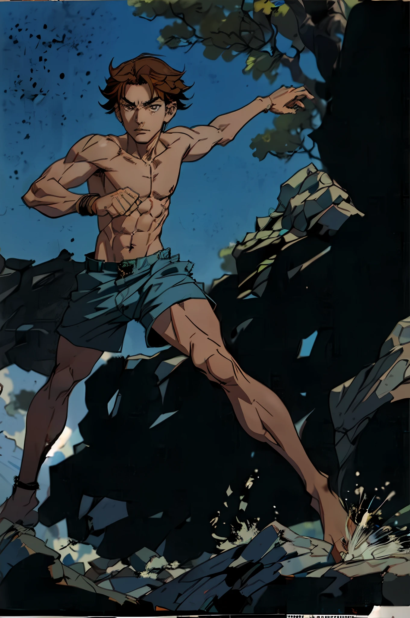 (best quality, masterpiece), 1boy, brown anime style hair, shirtless, wearing blue shorts, looking at the viewer, full body, araki hirohiko \(style\), running pose, anime style.