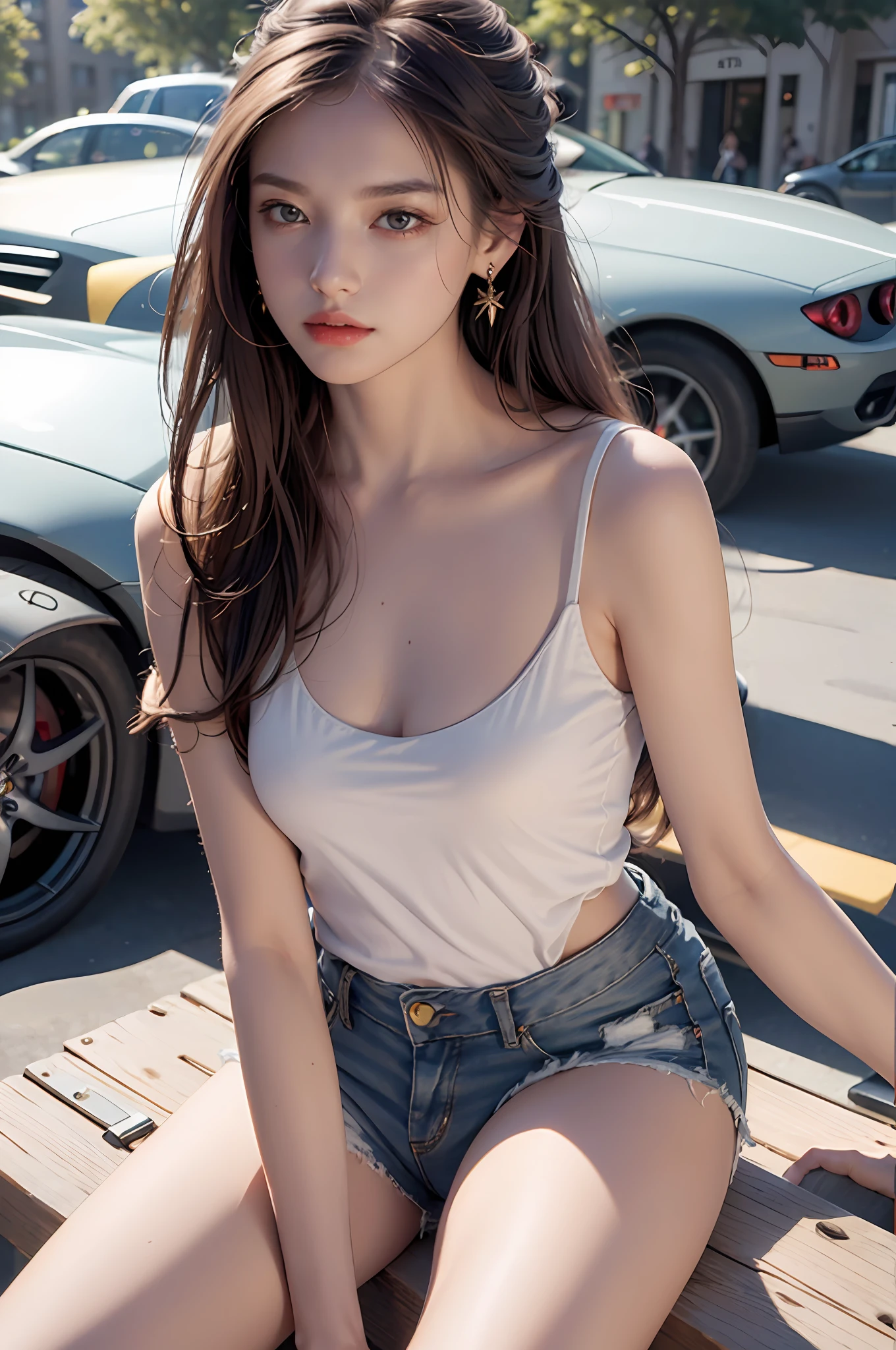 Best quality, masterpiece, super high resolution, (realistic: 1.4), original photo, (evening street), 1 girl, black eyes, looking at the audience, long hair, light makeup, lips, small ears, white t-shirt, denim shorts, earrings, sitting Ferrari, big breasts, slim