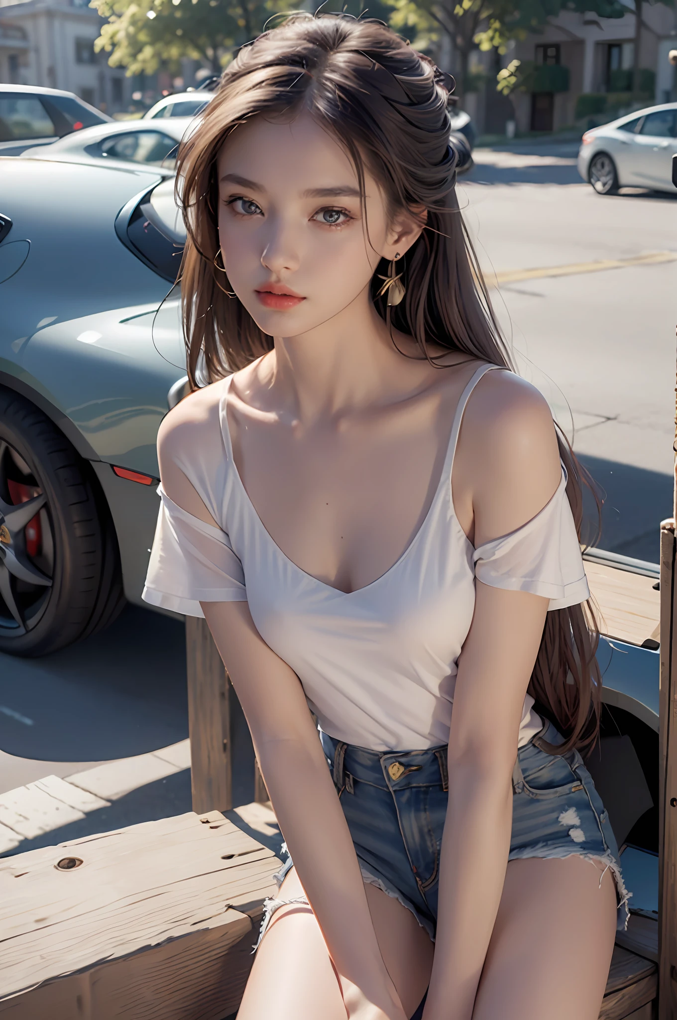 Best quality, masterpiece, super high resolution, (realistic: 1.4), original photo, (evening street), 1 girl, black eyes, looking at the audience, long hair, light makeup, lips, small ears, white t-shirt, denim shorts, earrings, sitting Ferrari, big breasts, slim