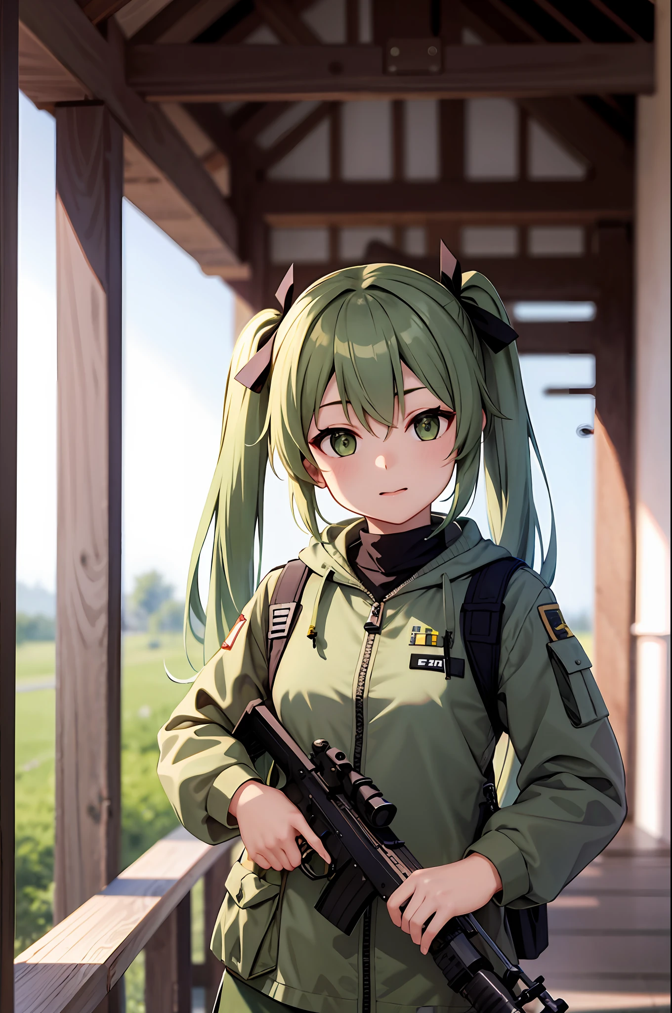 (((Masterpiece))),Superb Picture Quality,Ultra Detail,Ultra High Definition,(1 Girl),Twin Tails,Green Hair,Sniper Girl During War in Uniform with Rifle and Rifle,Infantry Girl,Mechanized Soldier Girl,Gwise's Style Artwork, Inspired by Rifle, Renmei, CGSOCIETY, Fenghua Zhong, CGSOCIETY), Soldier Girl, Vojtekhus, Gwise, High Resolution CGsociety