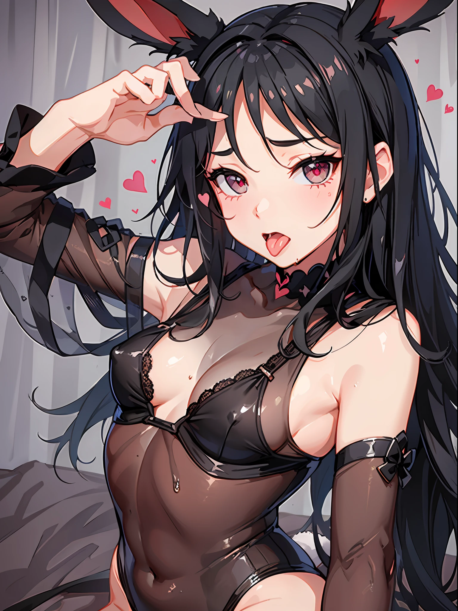 Black hair, on bed, wet, sweat, idol, long tongue sticking out, embarrassing, tight thin fabric, slim, flat breasts, small breasts, realistic skin, cute hairstyle, heart, rabbit ears, see-through