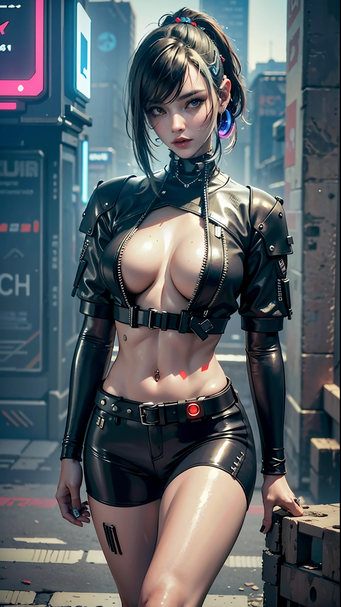 ((Best quality)), ((masterpiece)), (highly detailed:1.3), 3D, beautiful (cyberpunk:1.3), stylish woman looking at camera black leather clothes