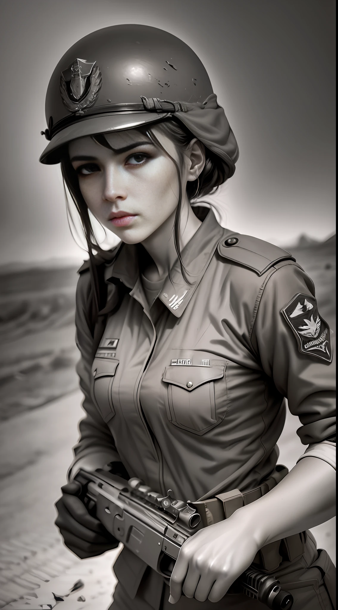 Women in uniform wander in the war zone, and the contrast with the high-intensity light and shadow is one (surrealism), and the photos taken are more effective. The theme highlights the difficult situation of women in uniform, showing high-resolution (high-definition) textured skin, presenting a new visual experience.