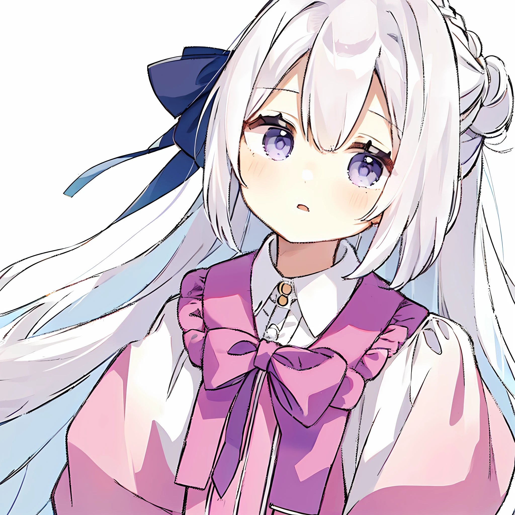 masterpiece, 1girl,solo,best quality, pink clothes, [white hair:pink hair:20],long hair,upper body, hairclip, light purple background