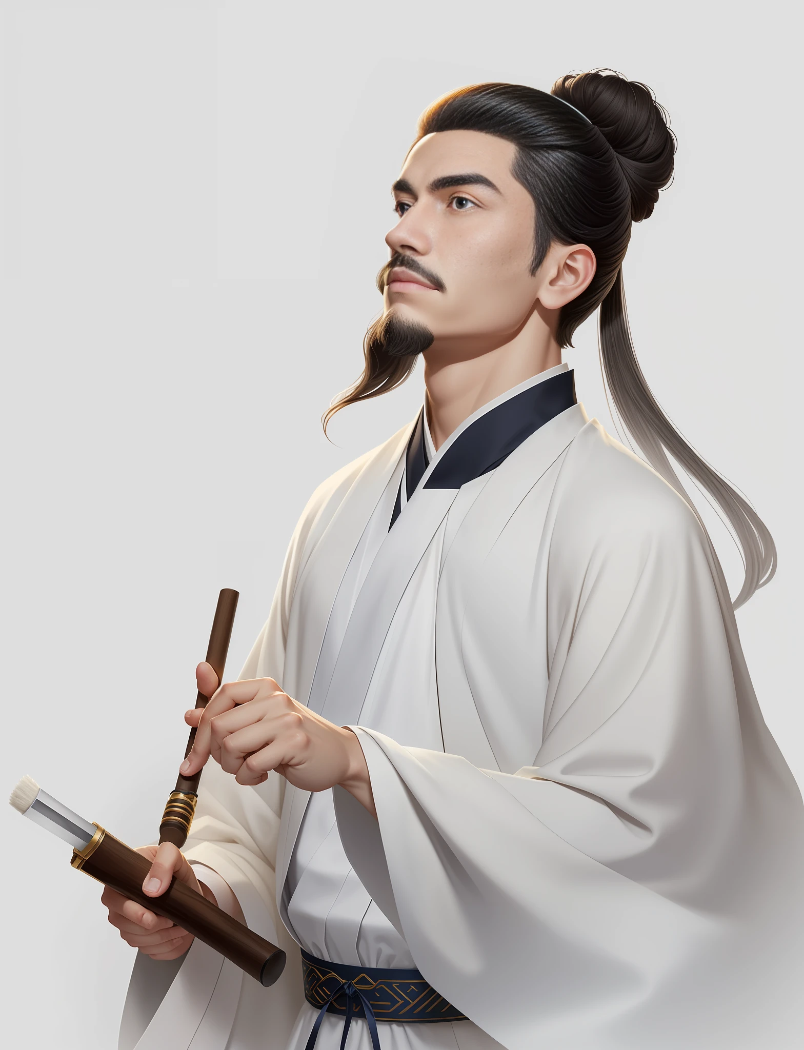 A teenager in a Chinese white robe holding a magical Chinese brush image, Chinese Tang Dynasty, inspired by Max Magnus Norman, complete portrait of an electronic master, inspired by Jean Bello, Nicolas Tesla, Gillium Poongiruppi, portrait of a character, Luis Ricardo Ferrero, portrait of epic elegance, Santiago Martínez Delgado, Frank-Xavier-Linedecker style digital figure concept art, white, scientific illustration, Magali Villeneuve, Walt Disney, Realistic Depiction of Light Style, Realistic Depiction of Light, Simplified and Stylized Portrait, Surreal, Animated Energy, Surreal Portrait