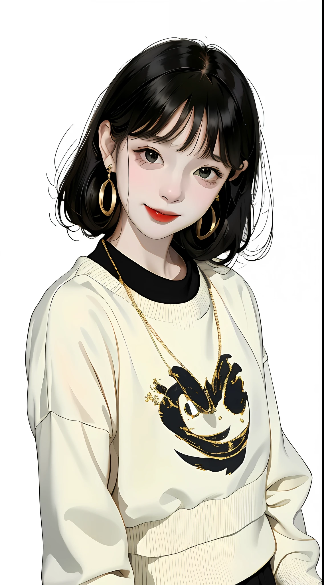 A cute girl with random hair, messy, earrings, street style, white background, cold expression, simple background, minimalist, crazy smile, facing the camera, looking at the audience, front, black clothes, gold lines