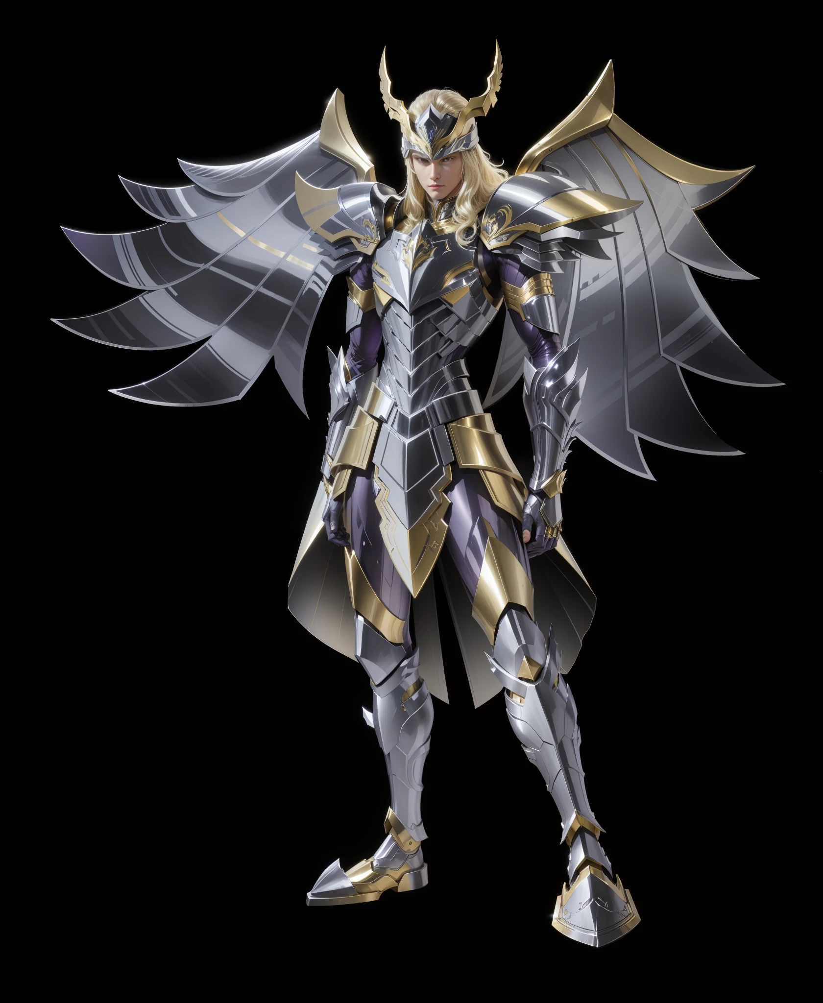 A man in purple armor, golden gorgeous armor, strong metallic luster texture, helmet, blonde hair, metal wings on the back, full body, serious, light, black background, perfect fingers, Saint Seiya style