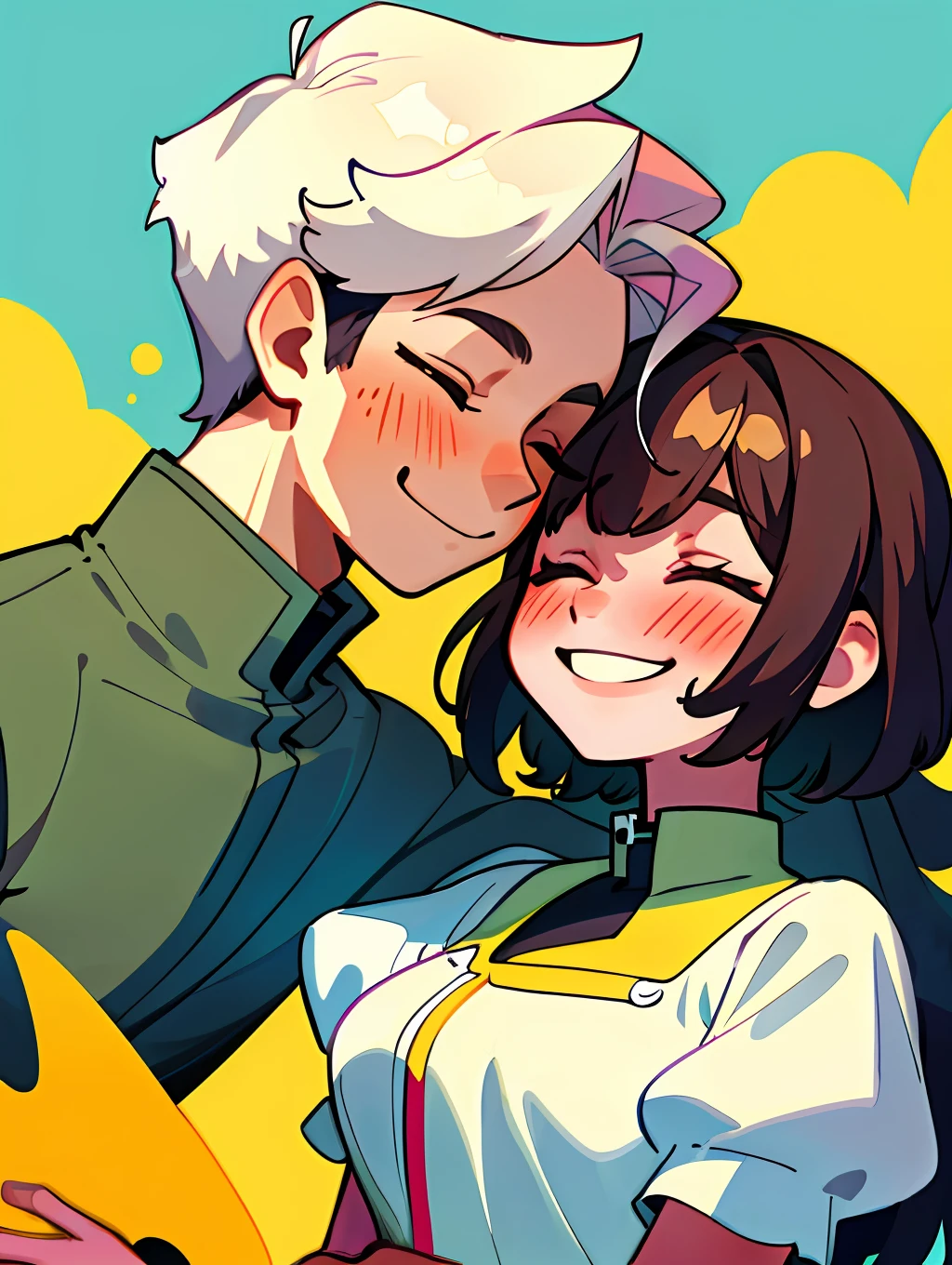 (best quality, masterpiece), (1boy, 1girl, face-to-face:1.1), smile, upper body, blush, size difference, closed eyes,