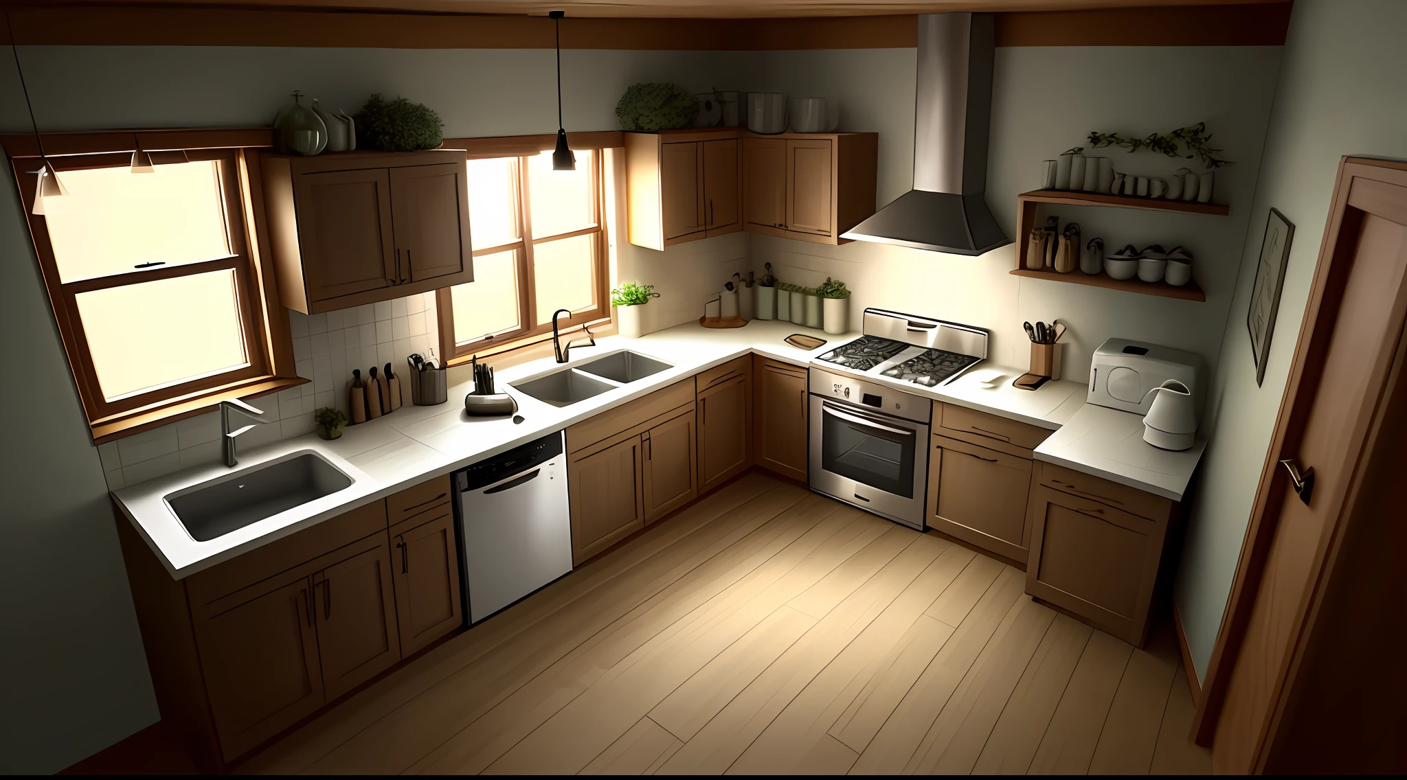 nterior of a small winter house, kitchen, cold environment, night, gloomy atmosphere, table, dishes, fruits, drawing