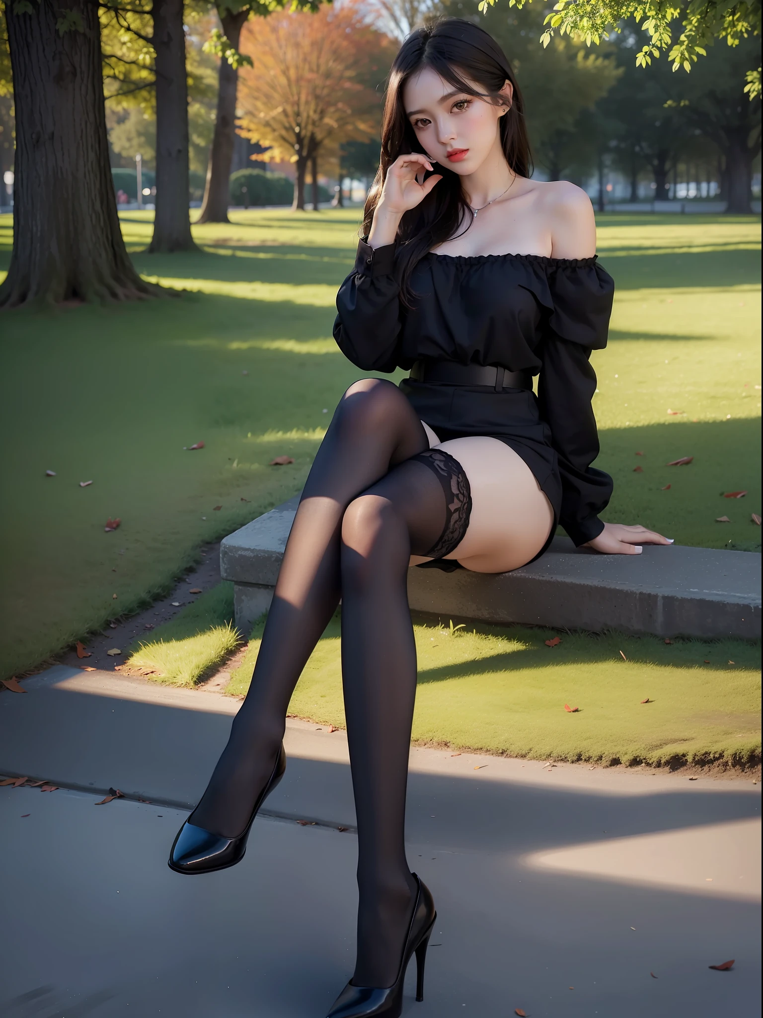 Best Quality, Masterpiece, Ultra High Resolution, (Realism: 1.4), Original Photo, 1girl, Offshoulder, In the Dark, Deep Shadow, Low Key, Cold Light, In the Park, Black Stockings, High Heels, Professional Wear