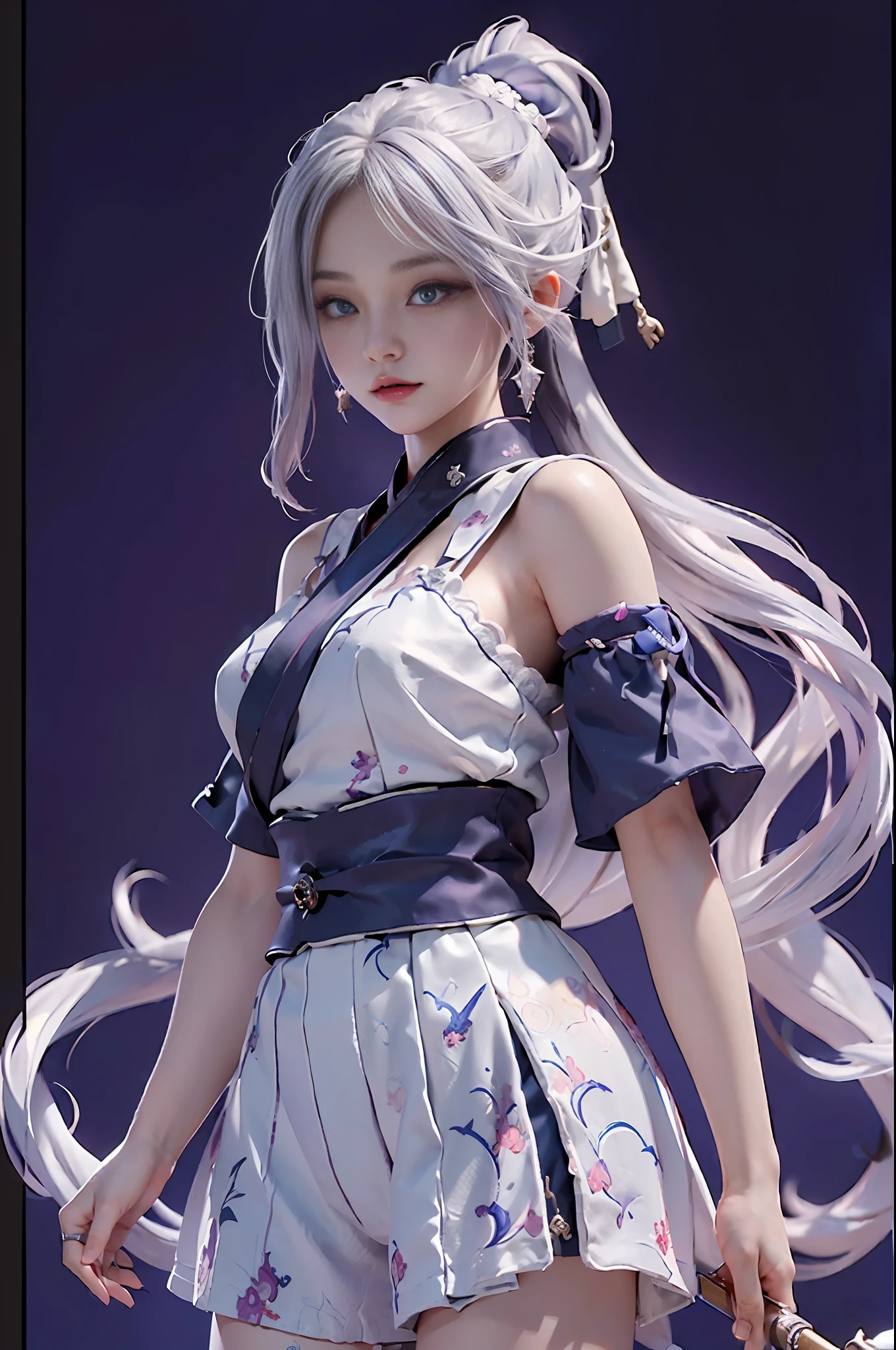 (((masterpiece))), (((best quality))), ((ultra-detailed)), (highly detailed CG illustration), cinematic light, intricate detail,
full body, chibi,
1girl, white hair, ponytail, purple eyes, (ninja), short sword, medium breats ,scarf, wallpaper, magic circle background, light particles, blue fire,