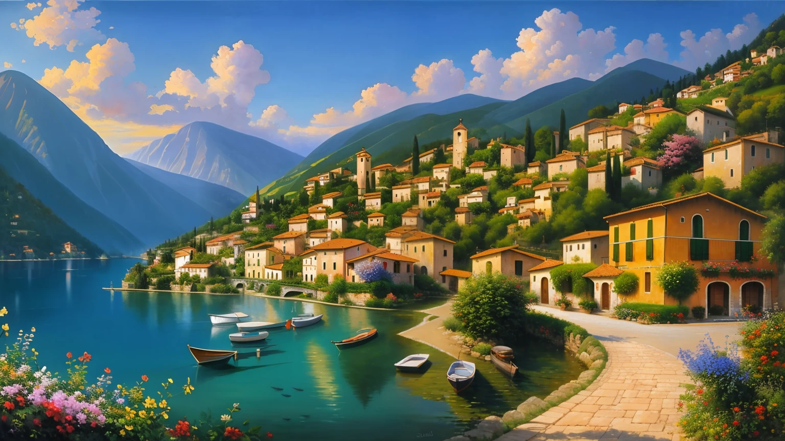 Beautiful oil painting of a village, Villa Bella, Italy, by Sung Kim