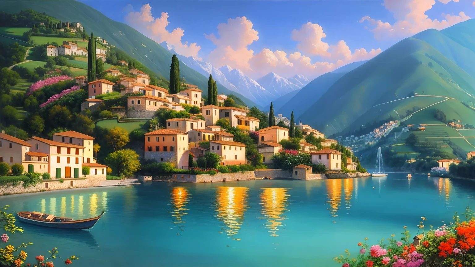 Beautiful oil painting of a village, Villa Bella, Italy, by Sung Kim