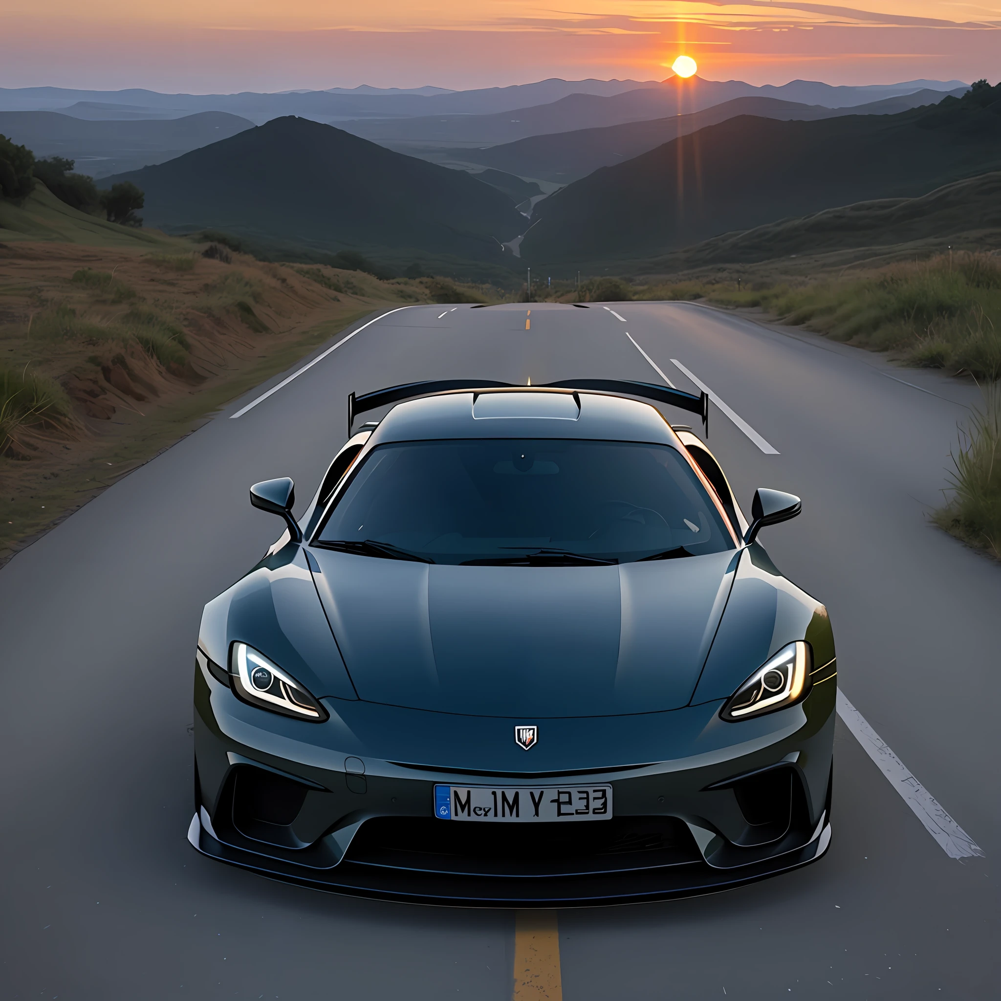 Sports car, landscape, sunset, best quality, realistic