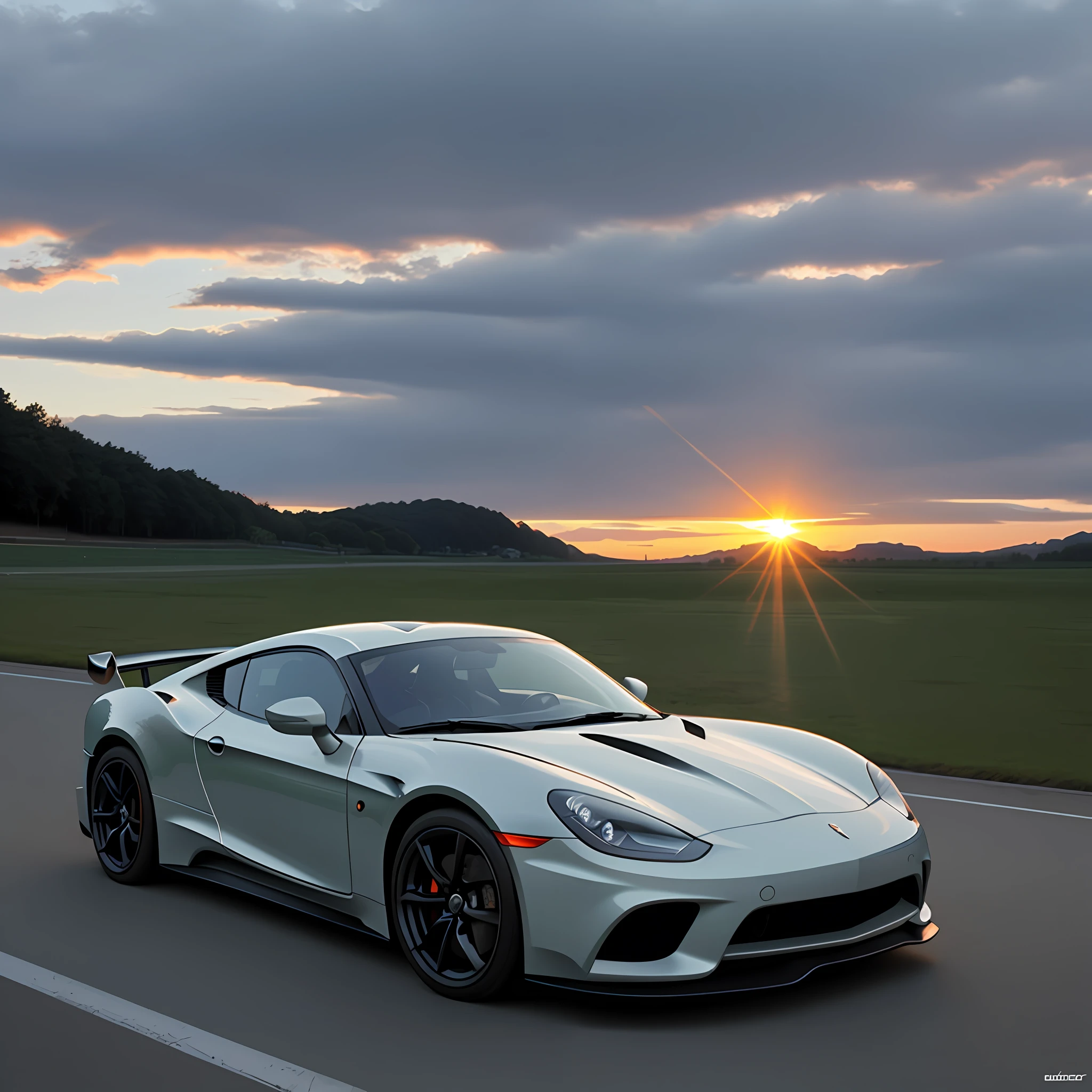 Sports car, landscape, sunset, best quality, realistic
