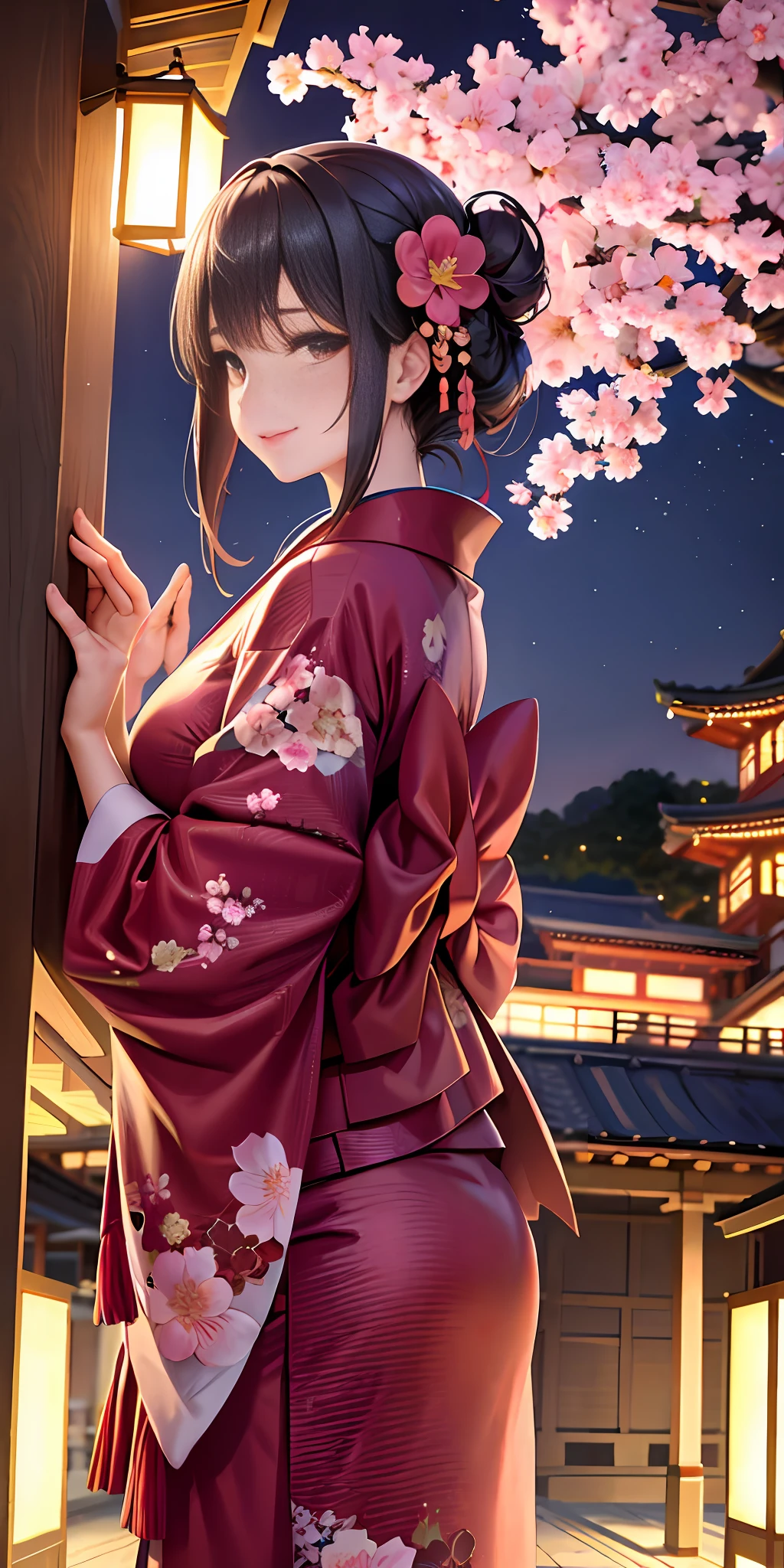 Super detailed 8K CG, kimono, perfect face, beautiful face, mature woman, big, outdoor, sakura, temple, viewer, beautiful night view,