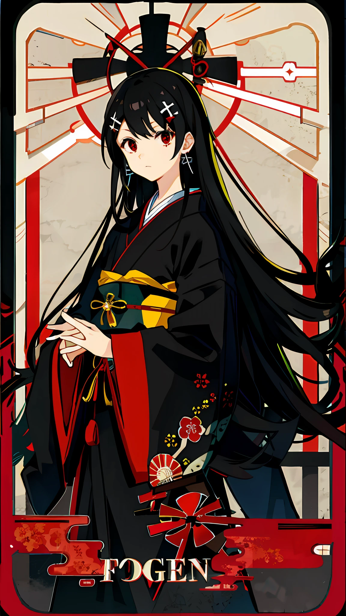 Girl Japanese long black hair Cross hairpin Red eyes