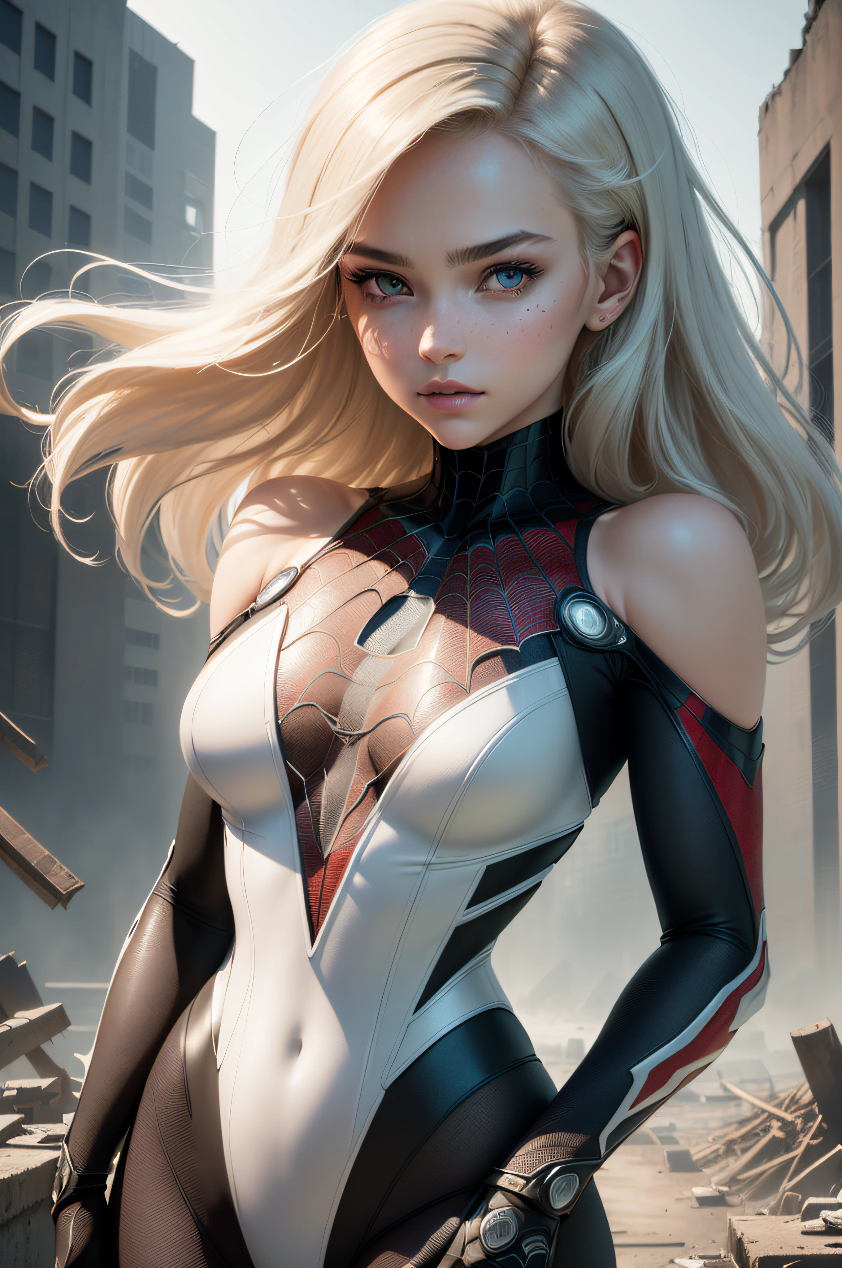 (1girl:1.3), solo, (((extremely detailed face))),(((extremely detailed eyes and face)),medium blond hair, beautiful eyes ,body-parts__, official art, 8k unified wallpaper, super detailed, beautiful and aesthetic, beautiful, masterpiece, best quality, raw, masterpiece, super thin photo, best quality, super high resolution, photorealistic realism, sunlight, full body portrait, amazing beauty,, dynamic pose, delicate face,  vibrant eyes, (from the front), she is wearing a Spider-Man suit, ((closed suit from shoulders to toes)), white and black color scheme clothing, spider, very detailed abandoned warehouse background, detailed face, detailed complex busy background, messy, gorgeous, milky white, highly detailed skin, realistic skin details, visible pores, sharp focus, volumetric fog, 8k uhd,  DSLR, high quality, film grain, light skin, photographic realism, lomography, huge metropolis in future dystopia, seen from below, translucent