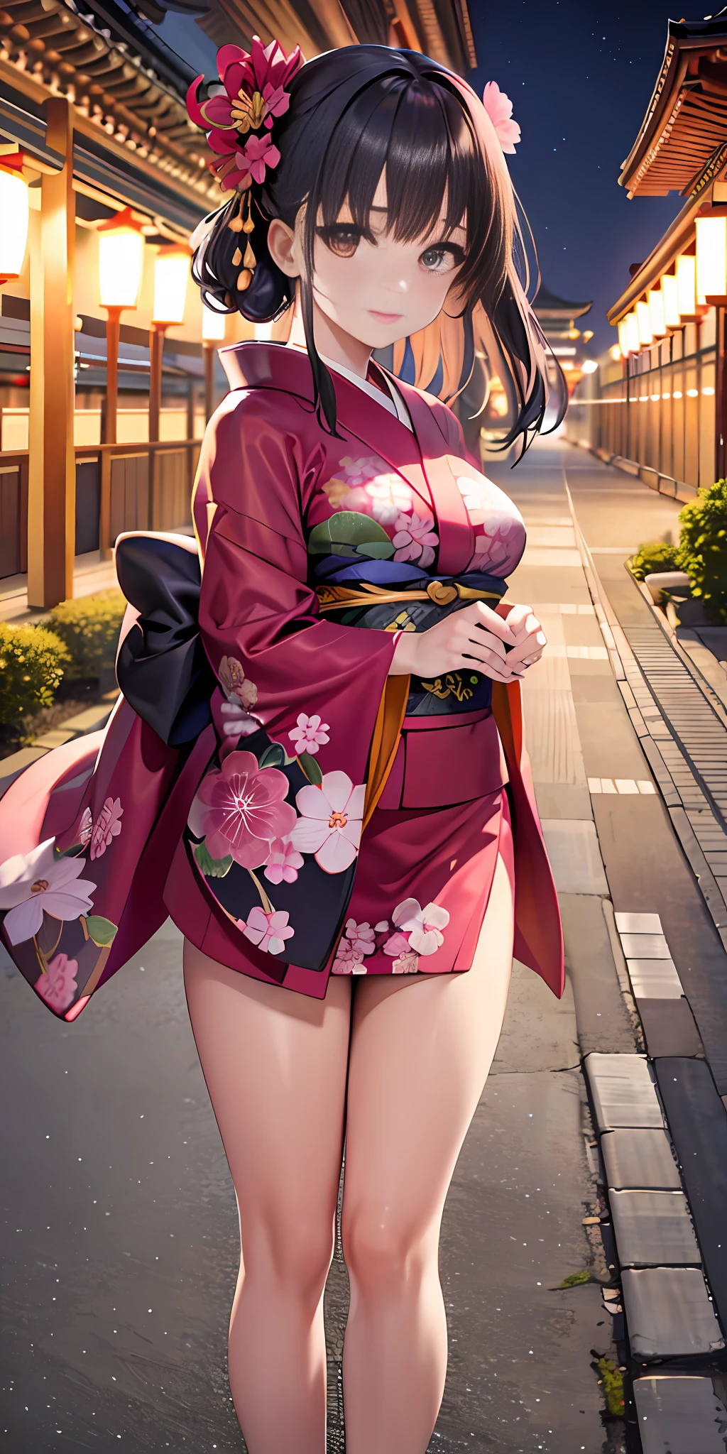 Super Detail 8K CG, Kimono, Perfect Face, Beautiful Face,, Big, Outdoor, Sakura, Temple, Viewer, Beautiful Night View, Beautiful Thighs