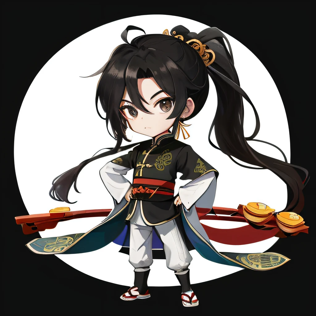 Best quality, masterpiece, high resolution, (a boy: 2), (chibi: 1.6), standing, sideways, (ancient Chinese clothes: 1.2), long black hair, ponytail, black eyes, white background, simple background