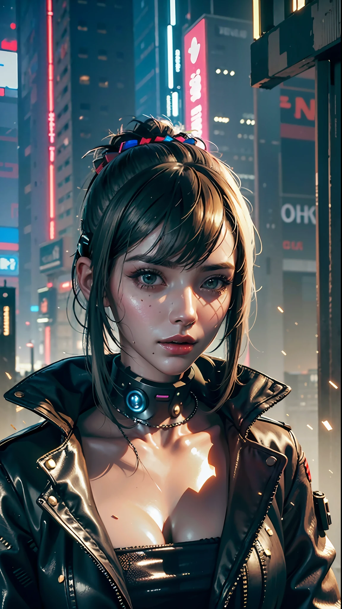 ((Best quality)), ((masterpiece)), (highly detailed:1.3), 3D, beautiful (cyberpunk:1.3), stylish woman looking at camera black Jacket